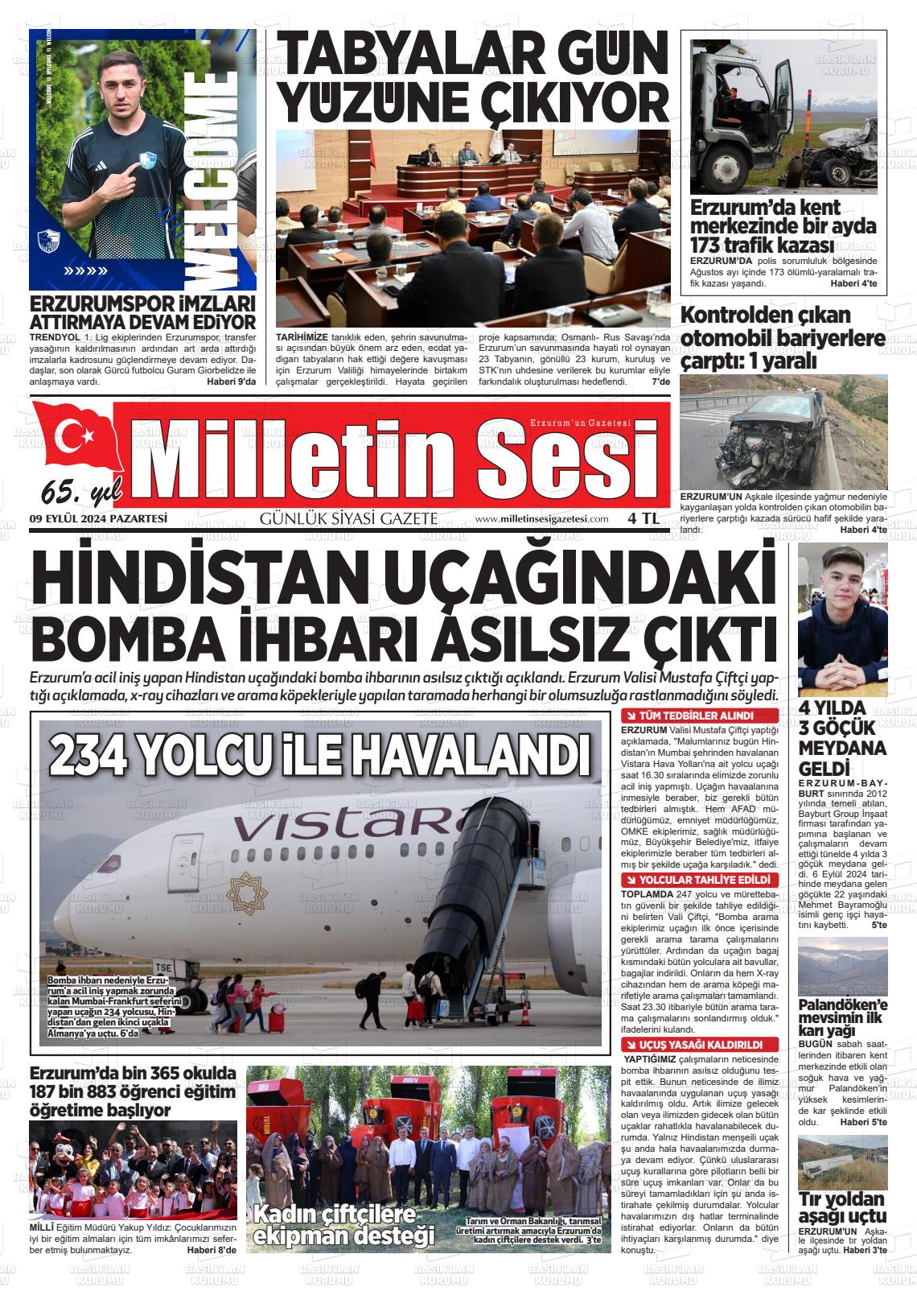 09 Eylül 2024 Milletin Sesi Gazete Manşeti