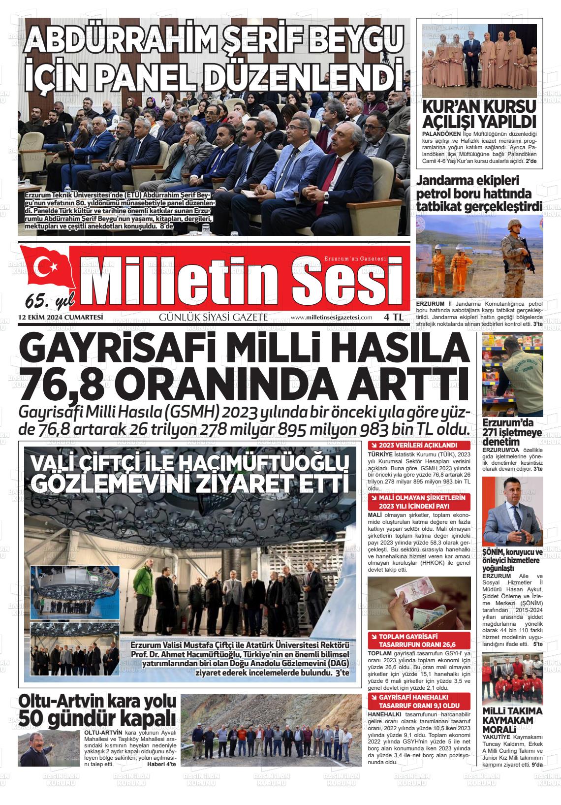 12 Ekim 2024 Milletin Sesi Gazete Manşeti