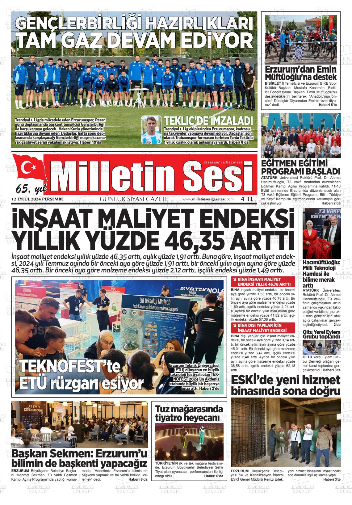 12 Eylül 2024 Milletin Sesi Gazete Manşeti