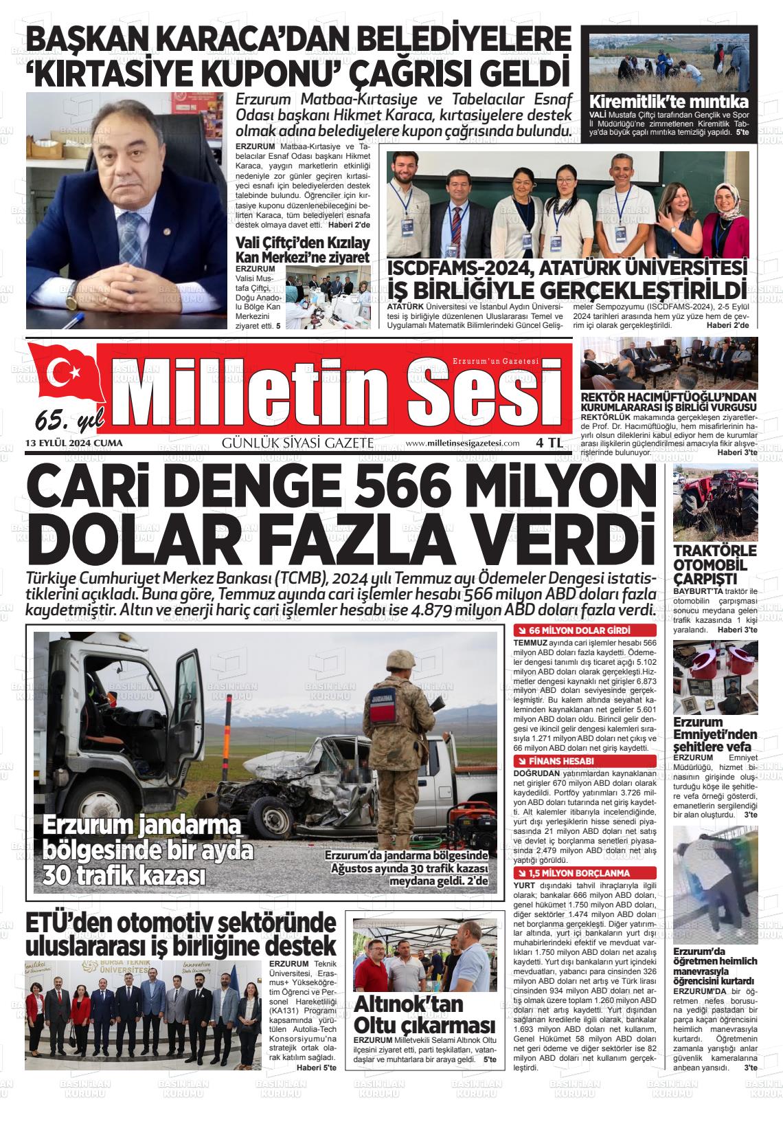 13 Eylül 2024 Milletin Sesi Gazete Manşeti