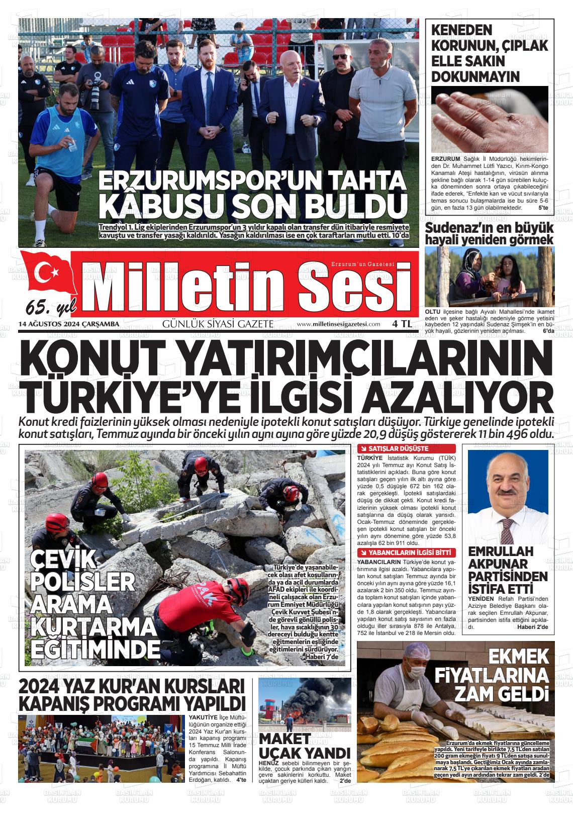 14 Ağustos 2024 Milletin Sesi Gazete Manşeti