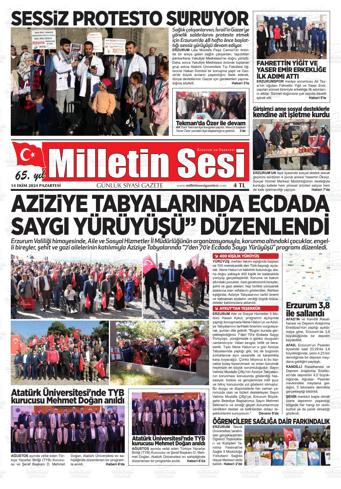 14 Ekim 2024 Milletin Sesi Gazete Manşeti