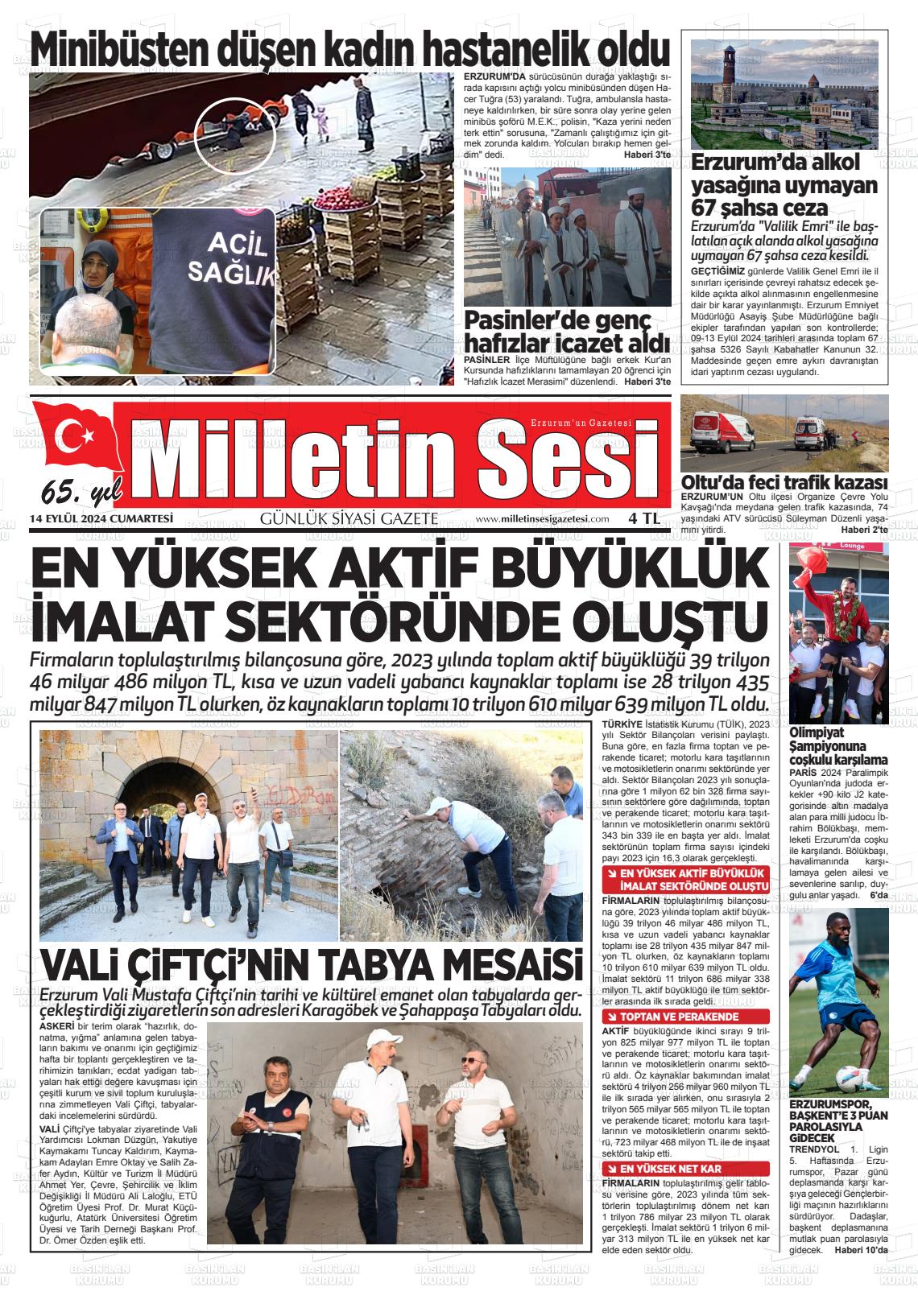 14 Eylül 2024 Milletin Sesi Gazete Manşeti