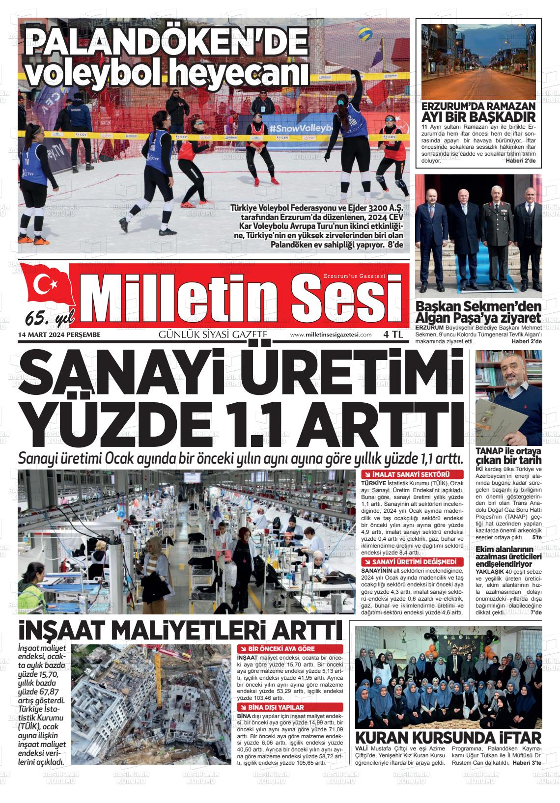 14 Mart 2024 Milletin Sesi Gazete Manşeti