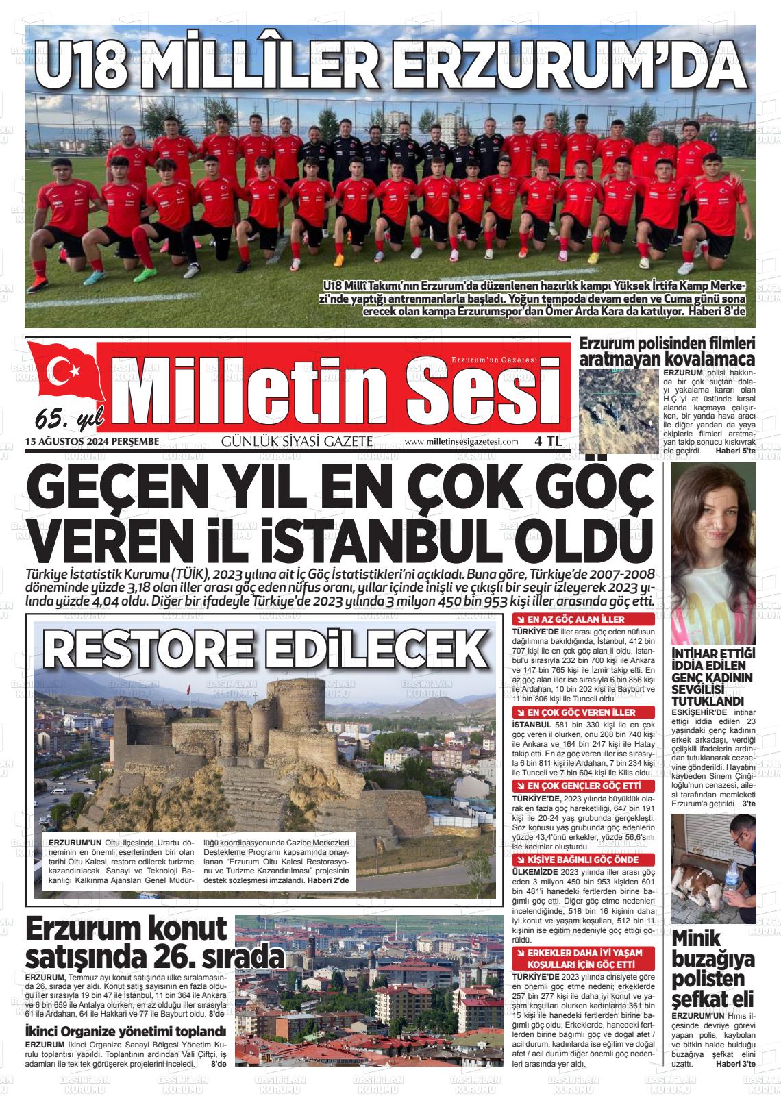 15 Ağustos 2024 Milletin Sesi Gazete Manşeti