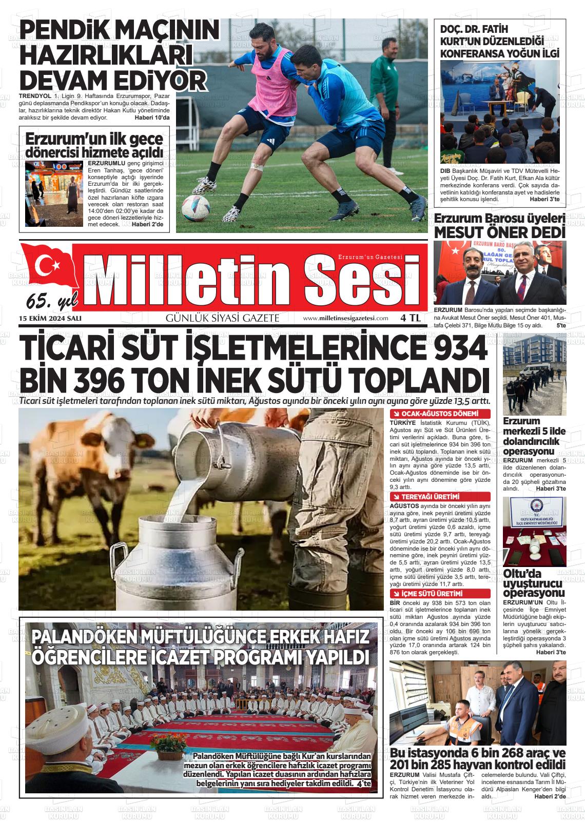 15 Ekim 2024 Milletin Sesi Gazete Manşeti