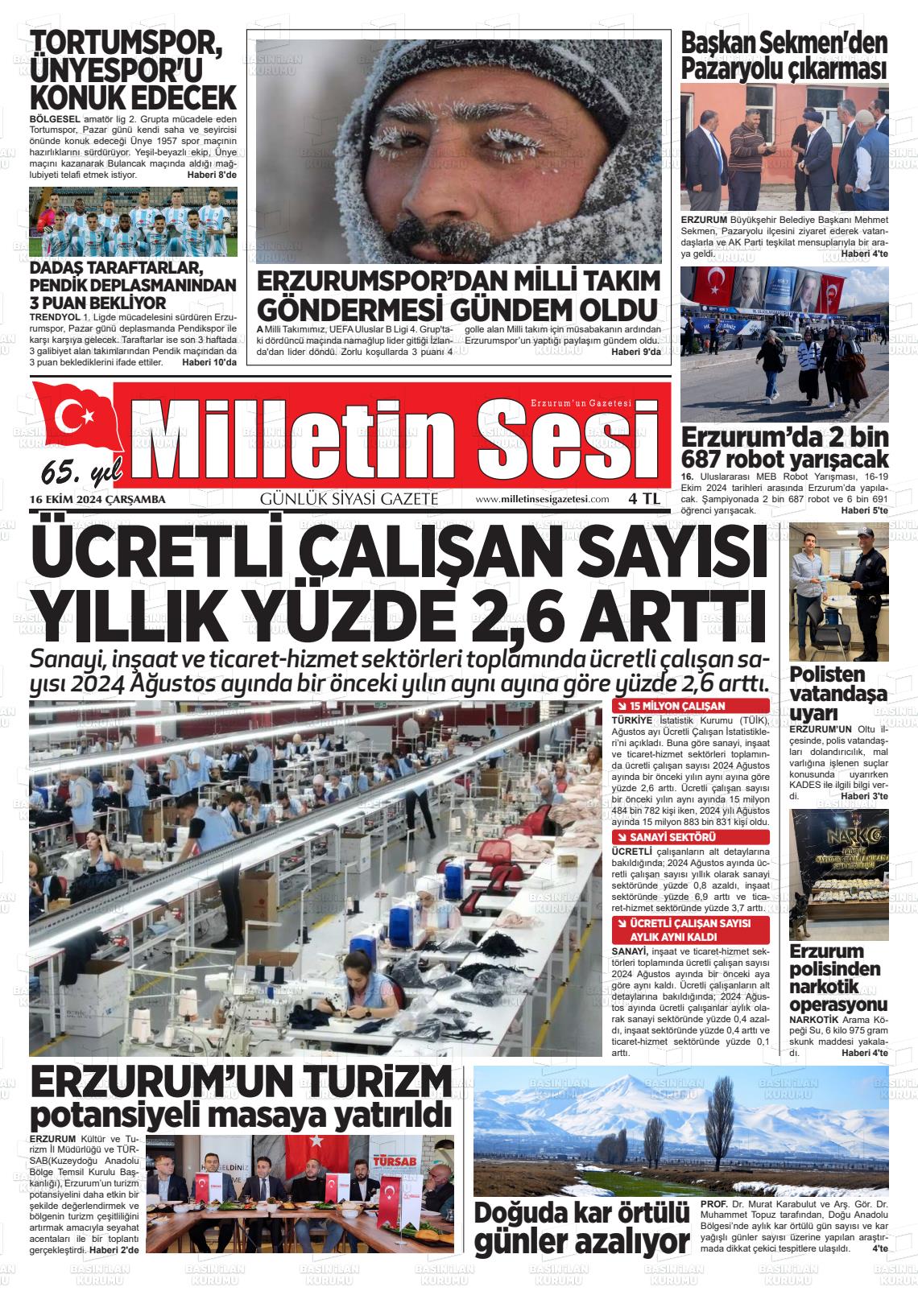 16 Ekim 2024 Milletin Sesi Gazete Manşeti