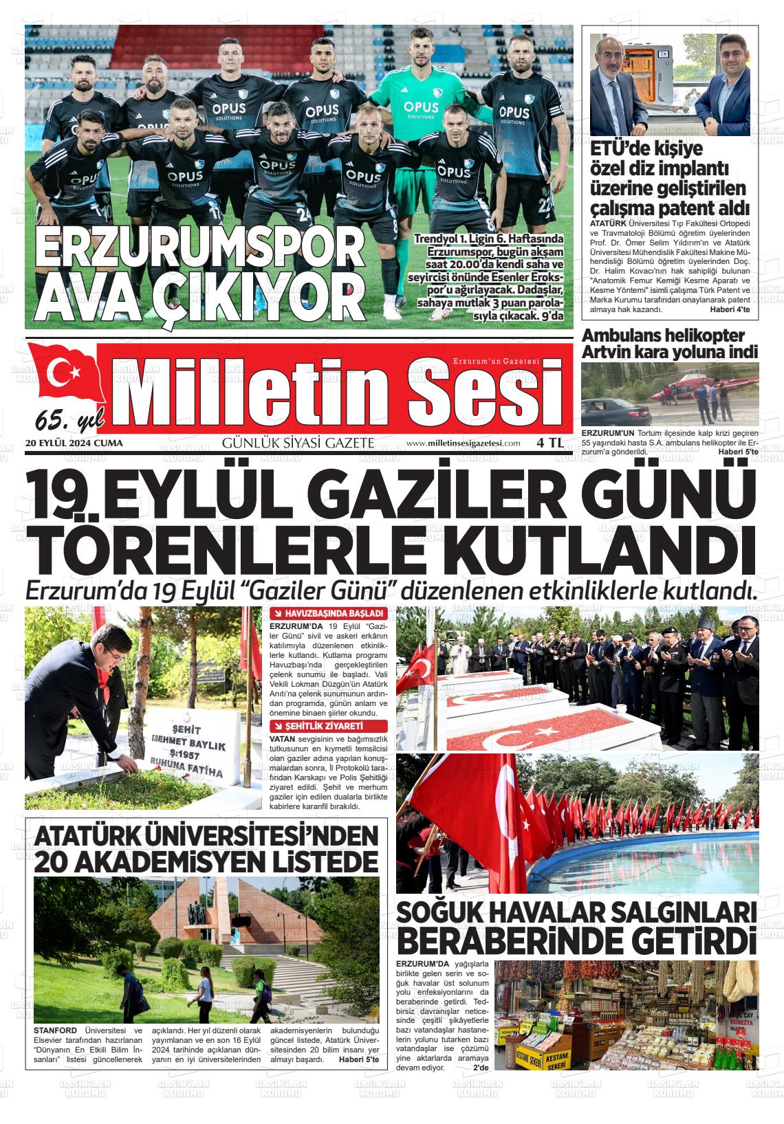 20 Eylül 2024 Milletin Sesi Gazete Manşeti