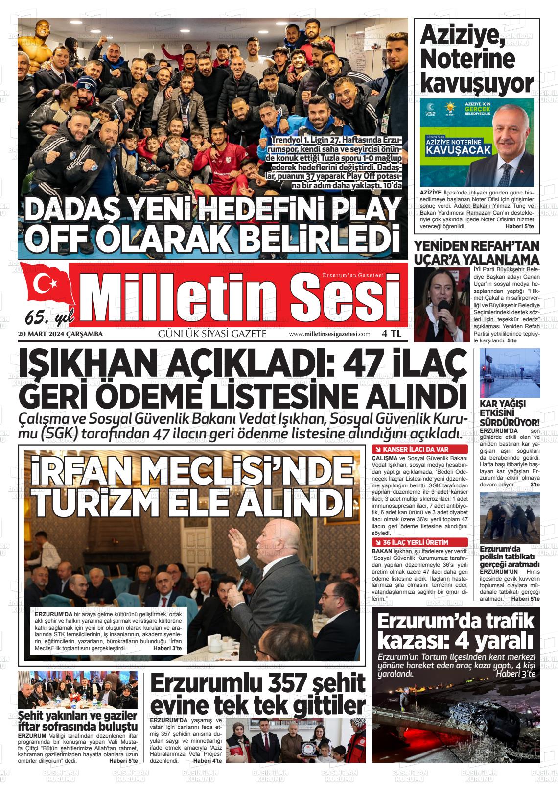 20 Mart 2024 Milletin Sesi Gazete Manşeti