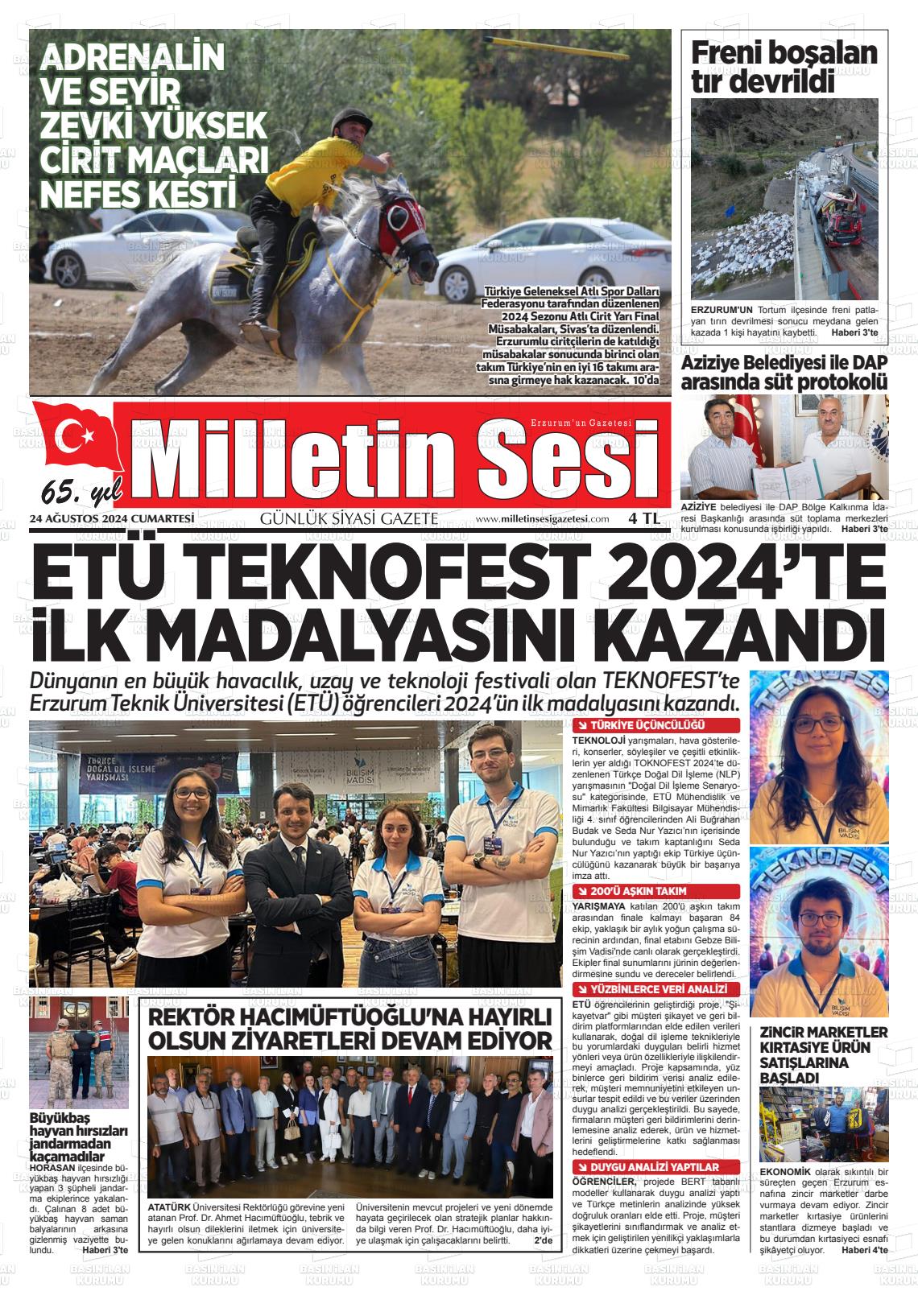 24 Ağustos 2024 Milletin Sesi Gazete Manşeti