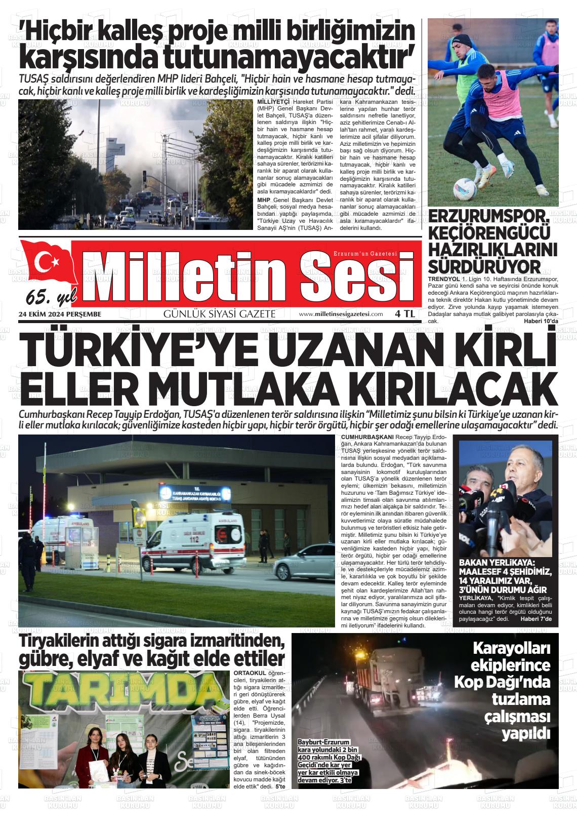 24 Ekim 2024 Milletin Sesi Gazete Manşeti