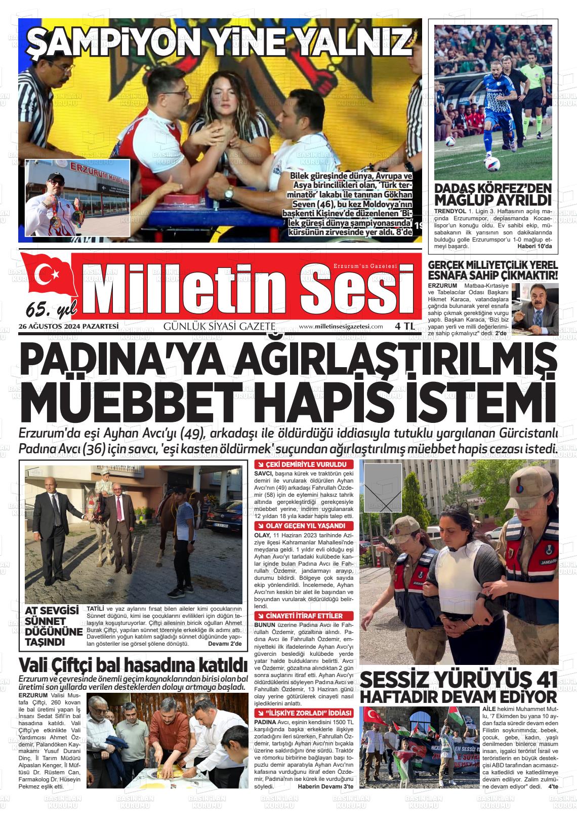 26 Ağustos 2024 Milletin Sesi Gazete Manşeti