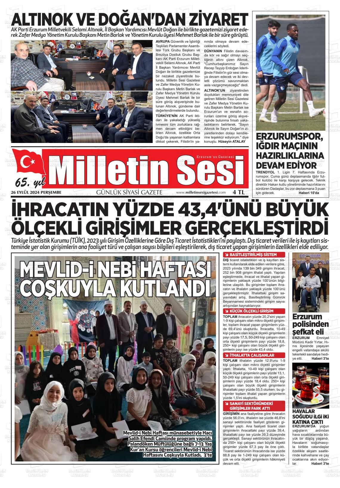 26 Eylül 2024 Milletin Sesi Gazete Manşeti