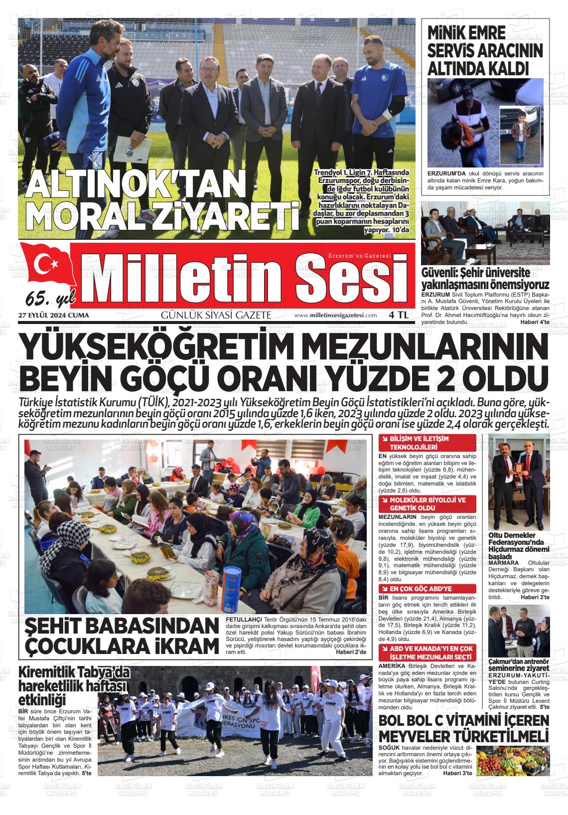 27 Eylül 2024 Milletin Sesi Gazete Manşeti