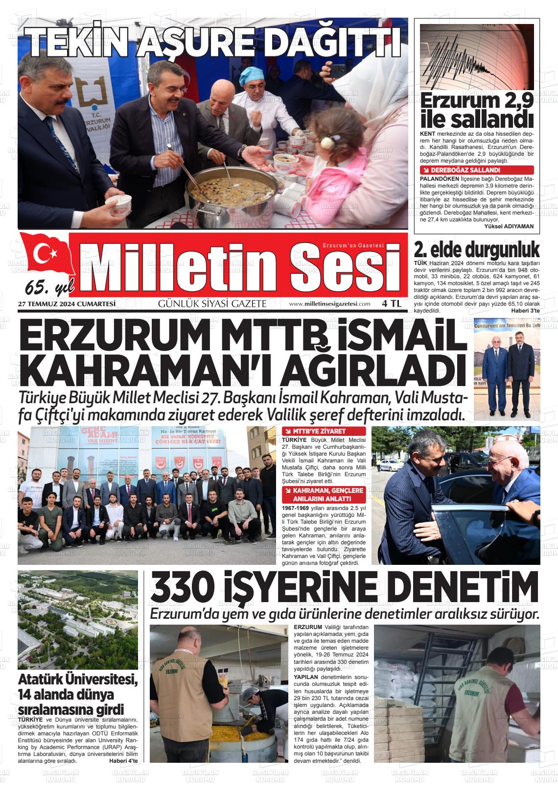 27 Temmuz 2024 Milletin Sesi Gazete Manşeti