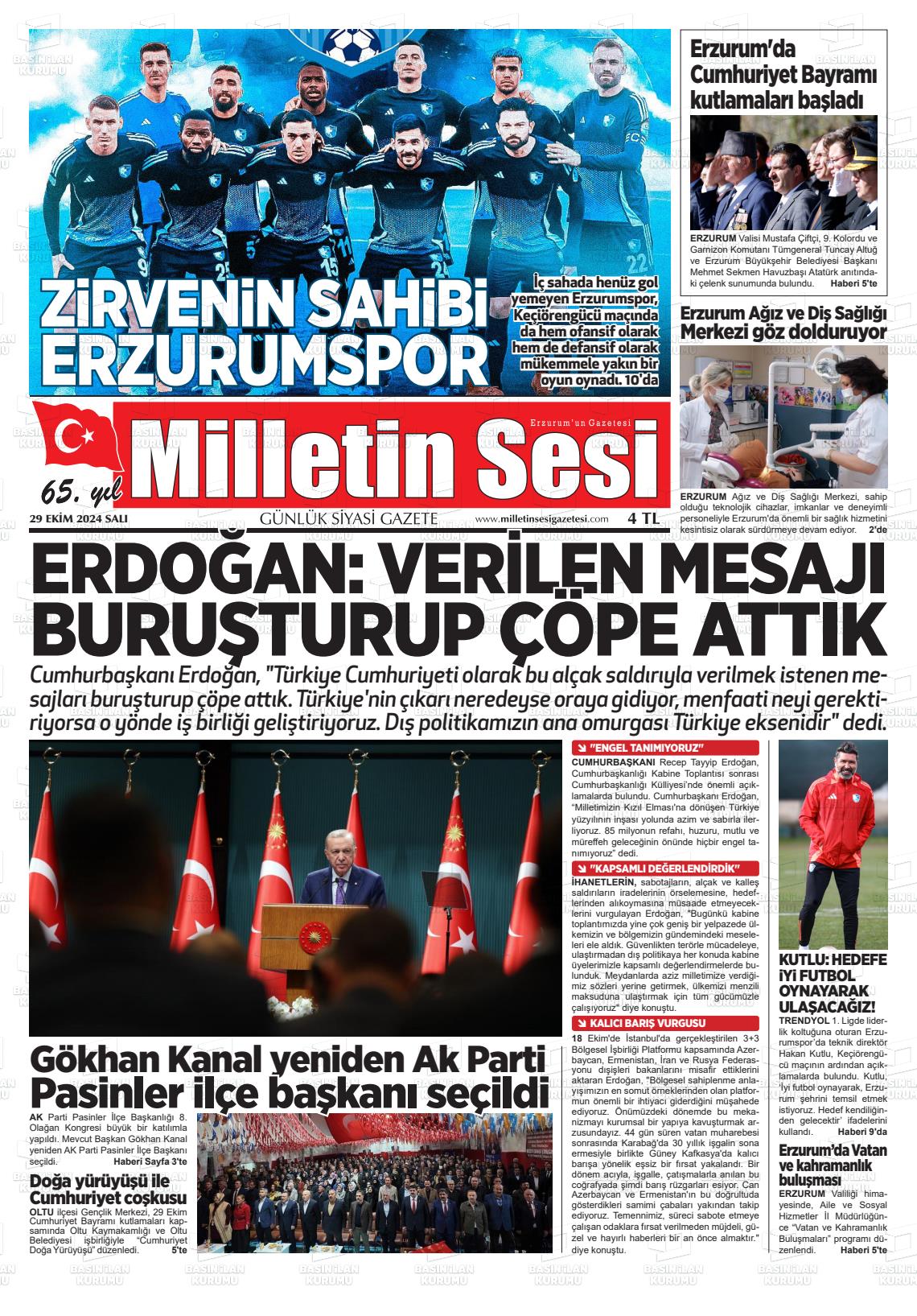 29 Ekim 2024 Milletin Sesi Gazete Manşeti