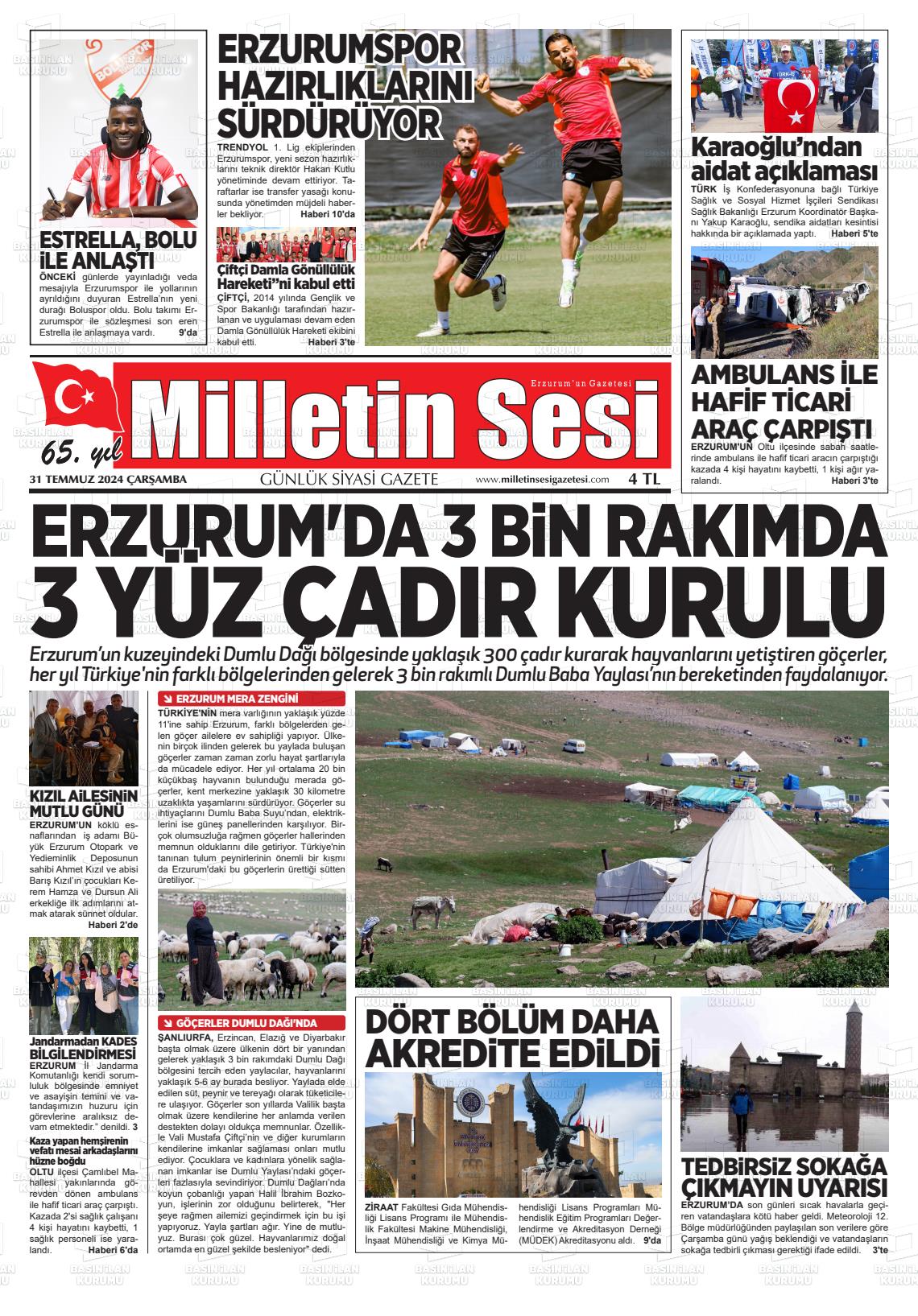 31 Temmuz 2024 Milletin Sesi Gazete Manşeti