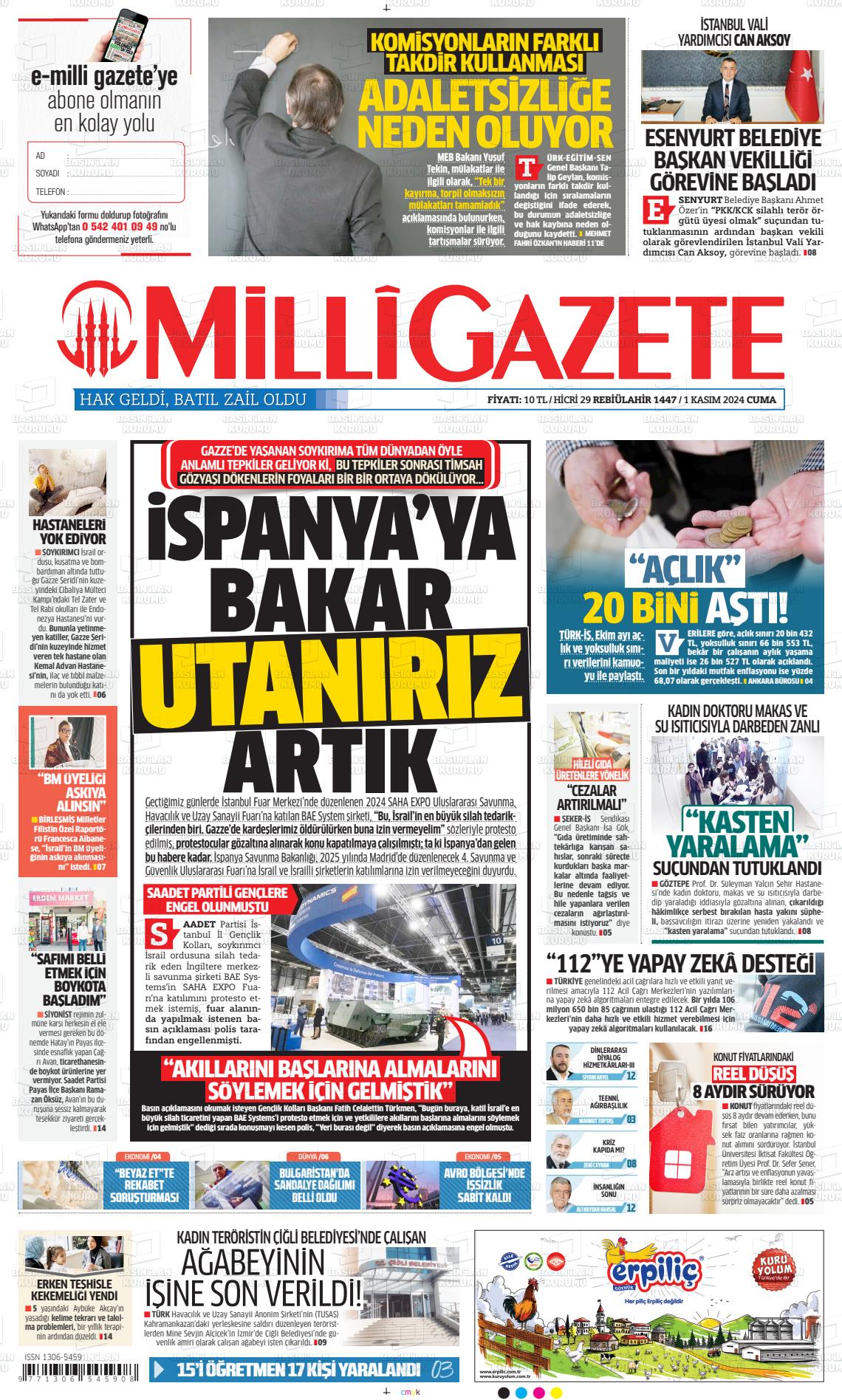 01 Kasım 2024 Milli Gazete Gazete Manşeti