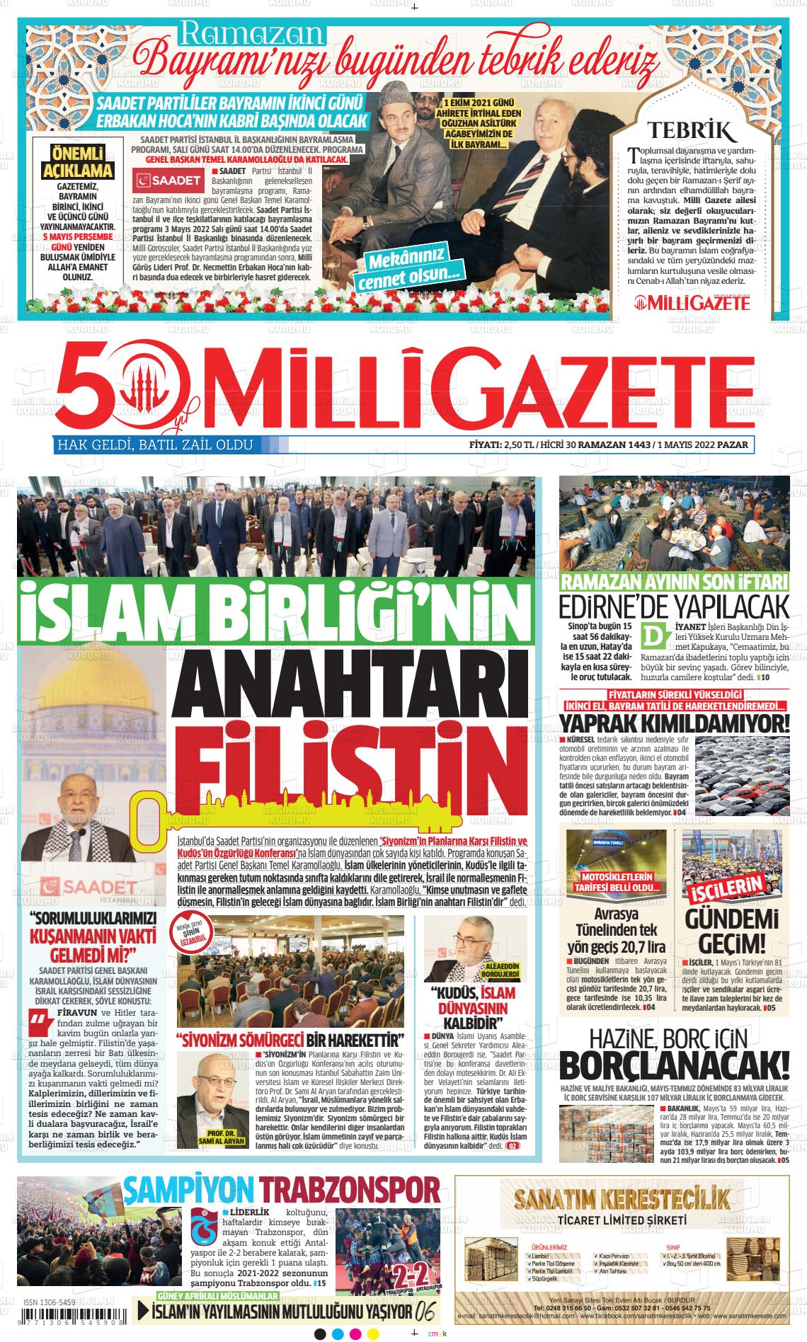 01 Mayıs 2022 Milli Gazete Gazete Manşeti