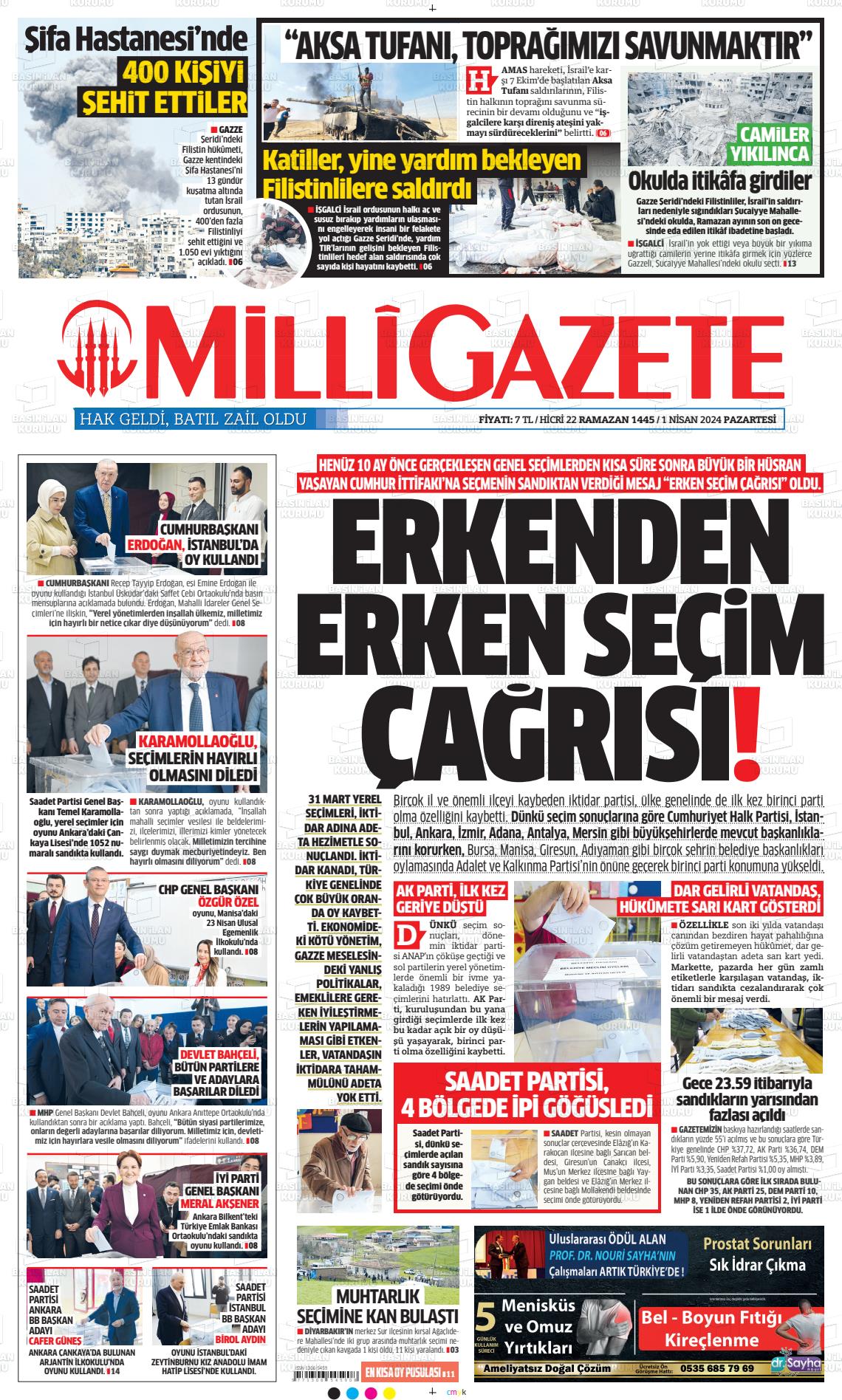 01 Nisan 2024 Milli Gazete Gazete Manşeti