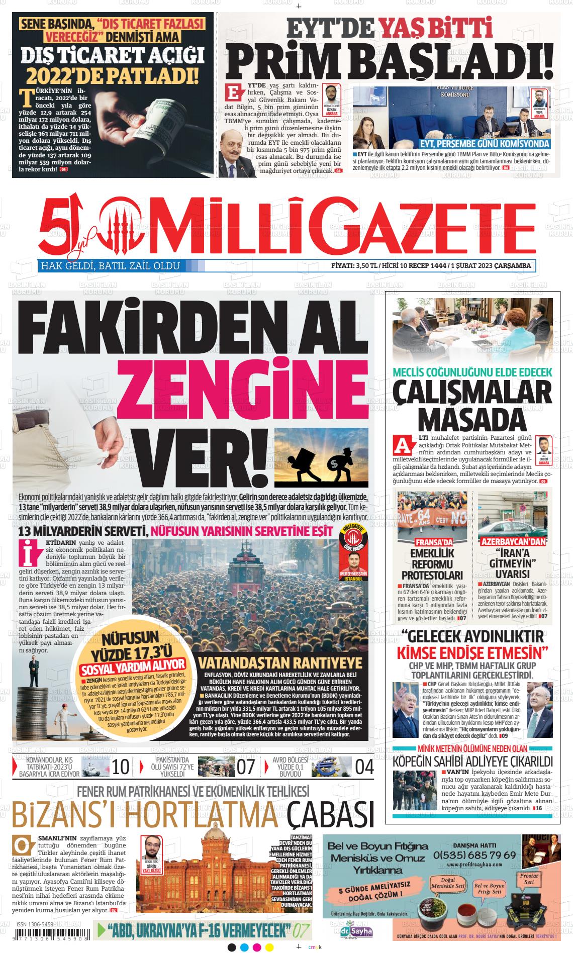 01 Şubat 2023 Milli Gazete Gazete Manşeti