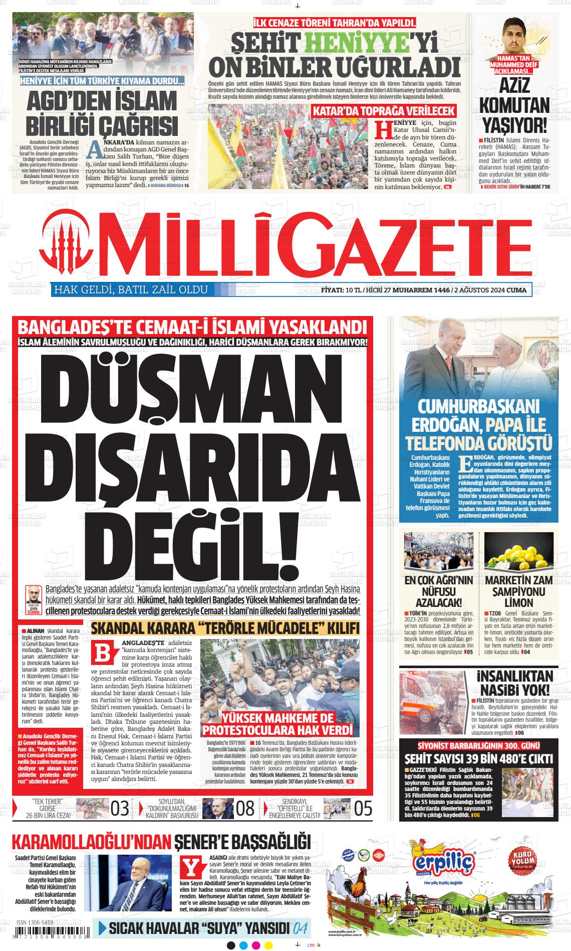 02 Ağustos 2024 Milli Gazete Gazete Manşeti