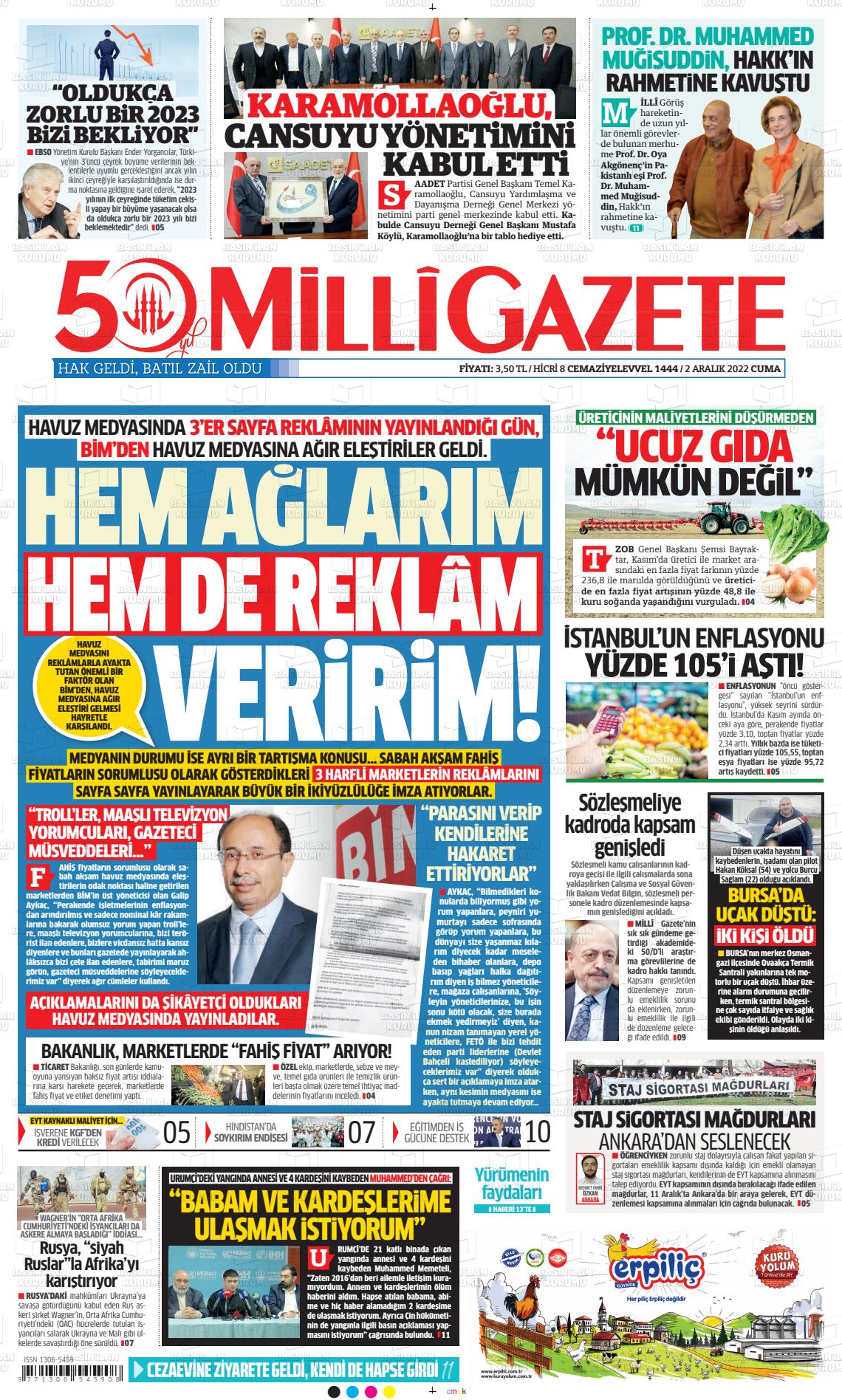 02 Aralık 2022 Milli Gazete Gazete Manşeti