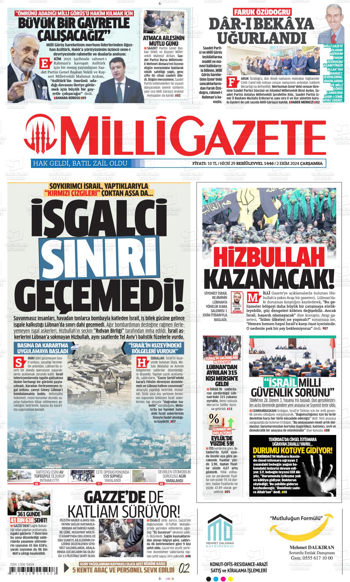 02 Ekim 2024 Milli Gazete Gazete Manşeti