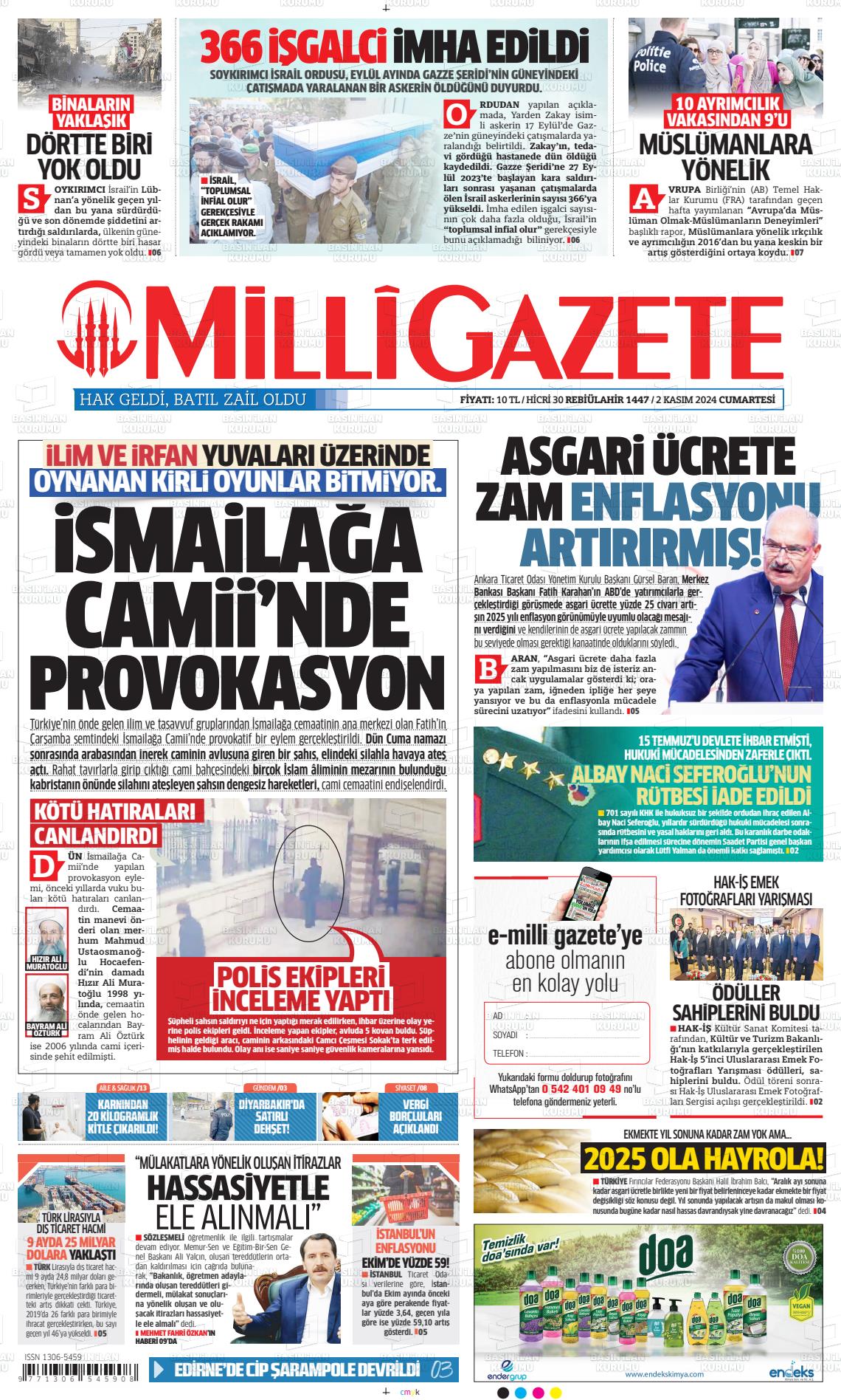 02 Kasım 2024 Milli Gazete Gazete Manşeti