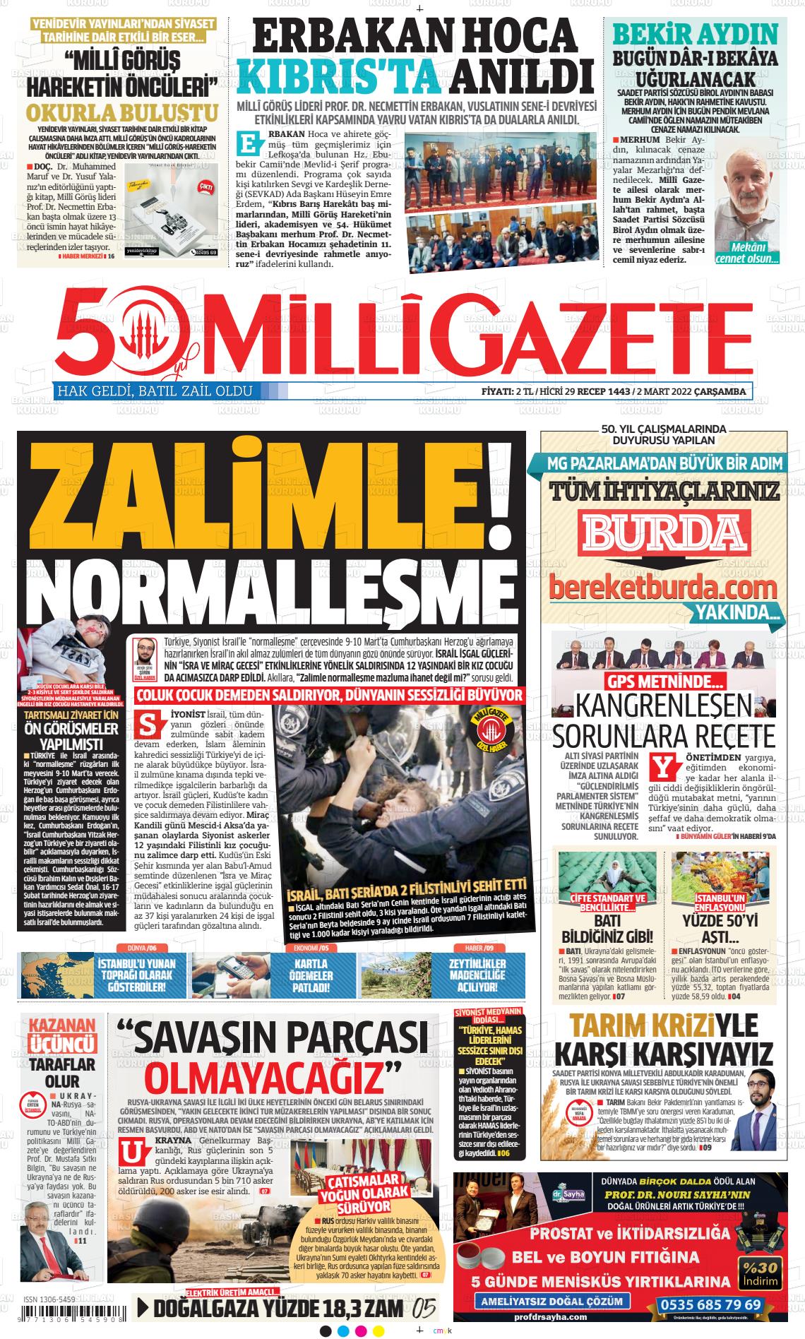 02 Mart 2022 Milli Gazete Gazete Manşeti