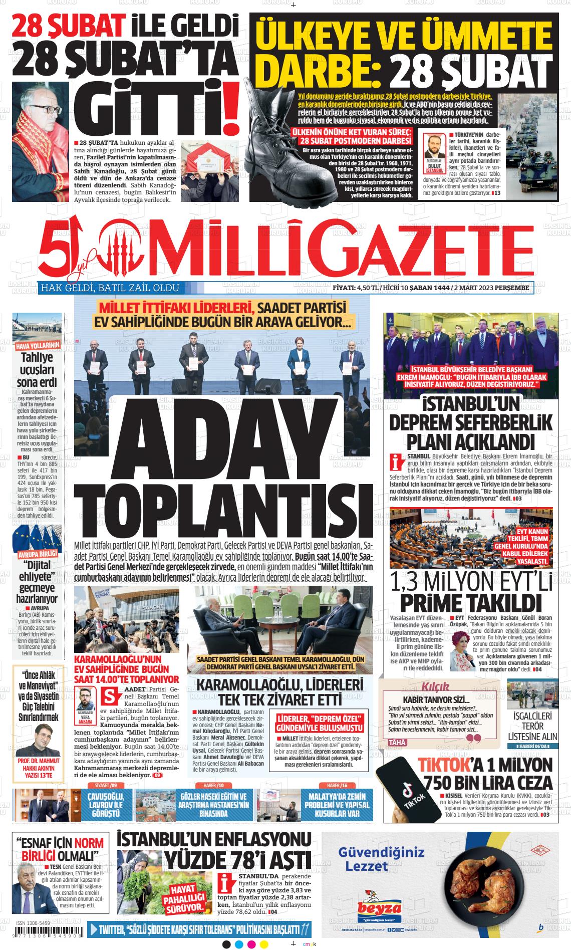 02 Mart 2023 Milli Gazete Gazete Manşeti