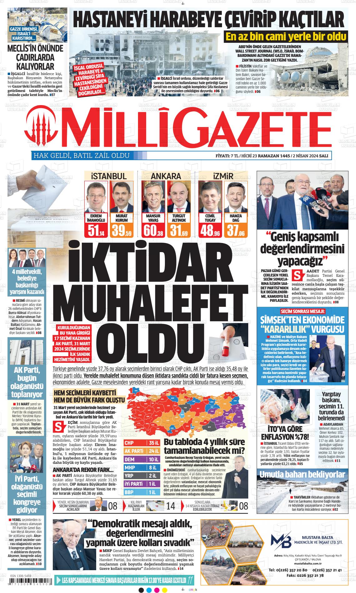 02 Nisan 2024 Milli Gazete Gazete Manşeti