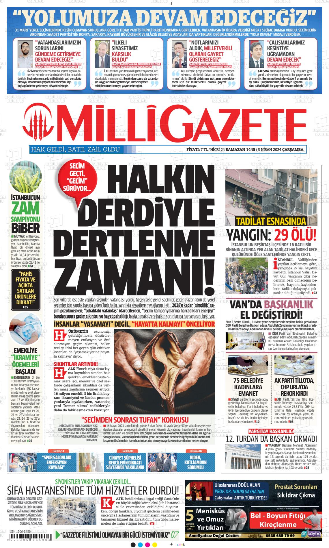 03 Nisan 2024 Milli Gazete Gazete Manşeti