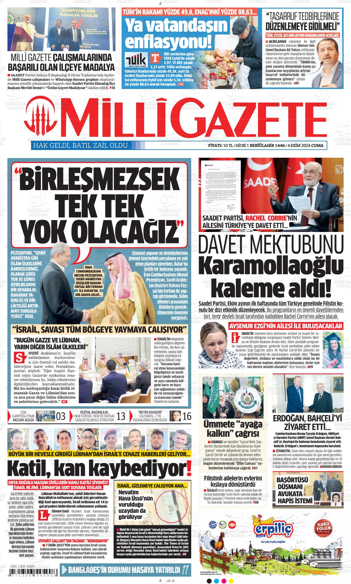 04 Ekim 2024 Milli Gazete Gazete Manşeti