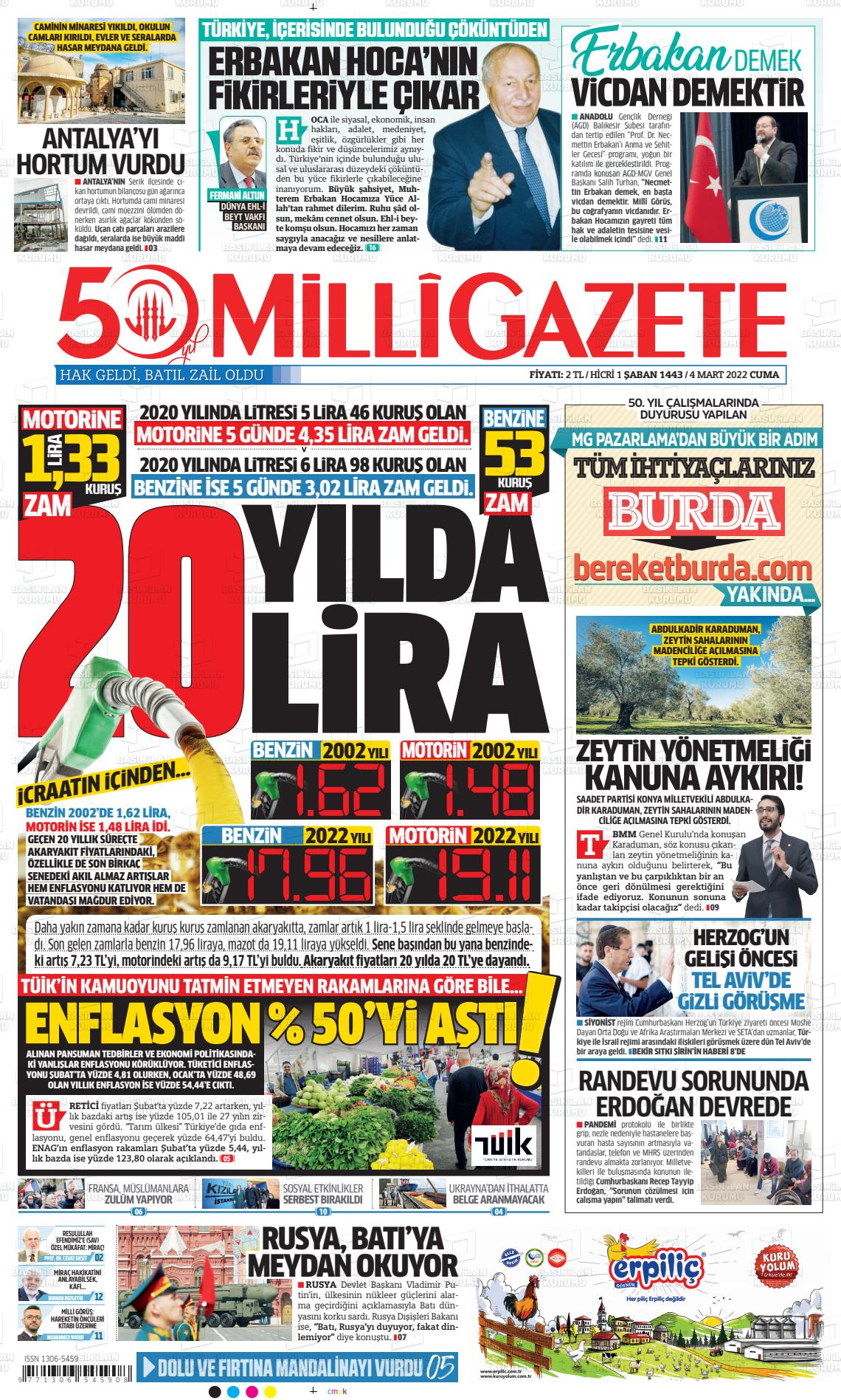 04 Mart 2022 Milli Gazete Gazete Manşeti