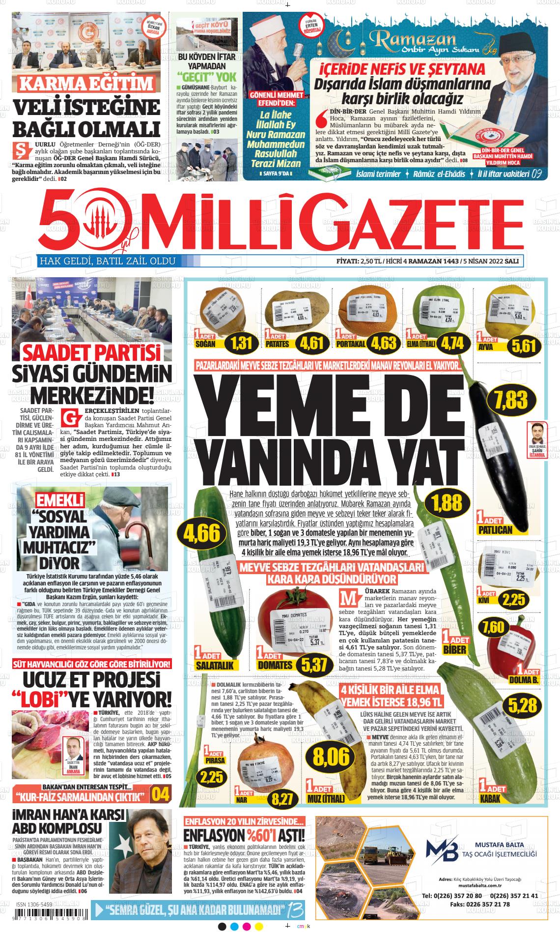 05 Nisan 2022 Milli Gazete Gazete Manşeti