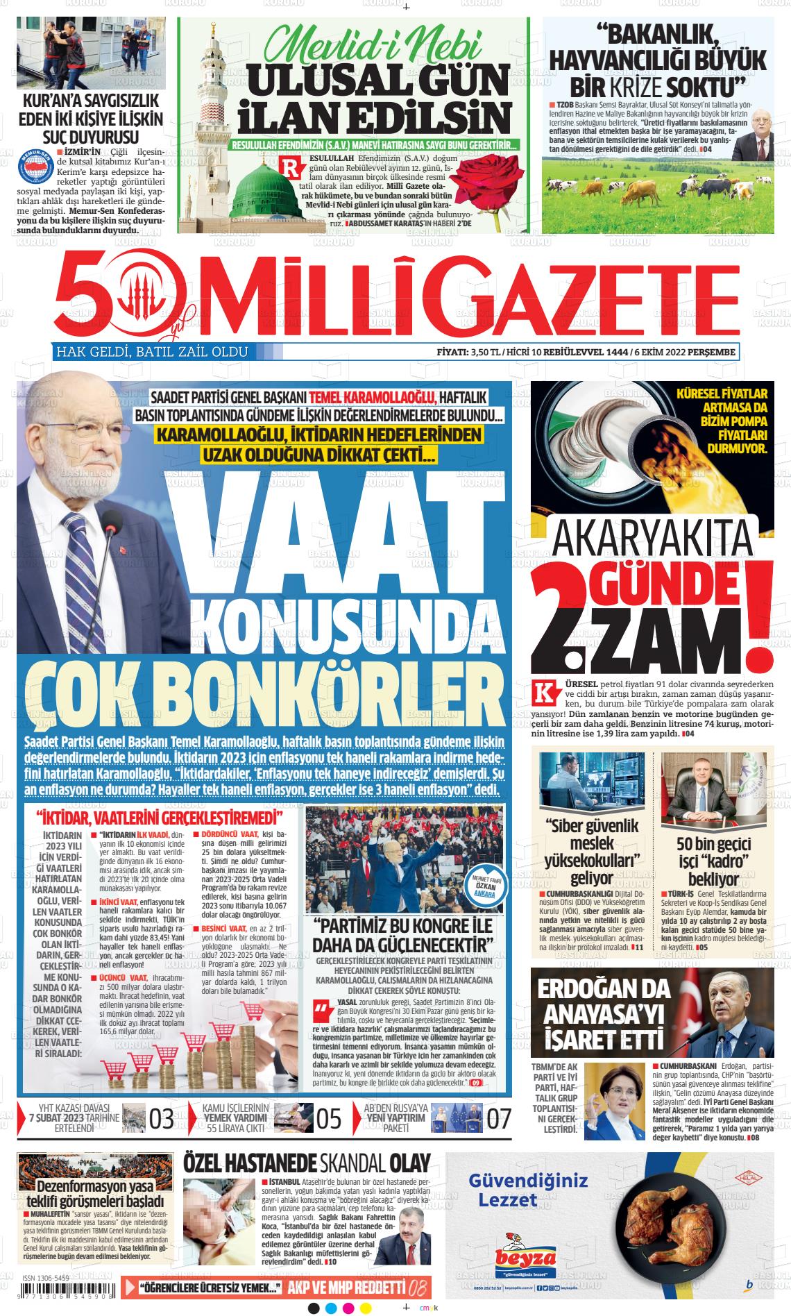 06 Ekim 2022 Milli Gazete Gazete Manşeti