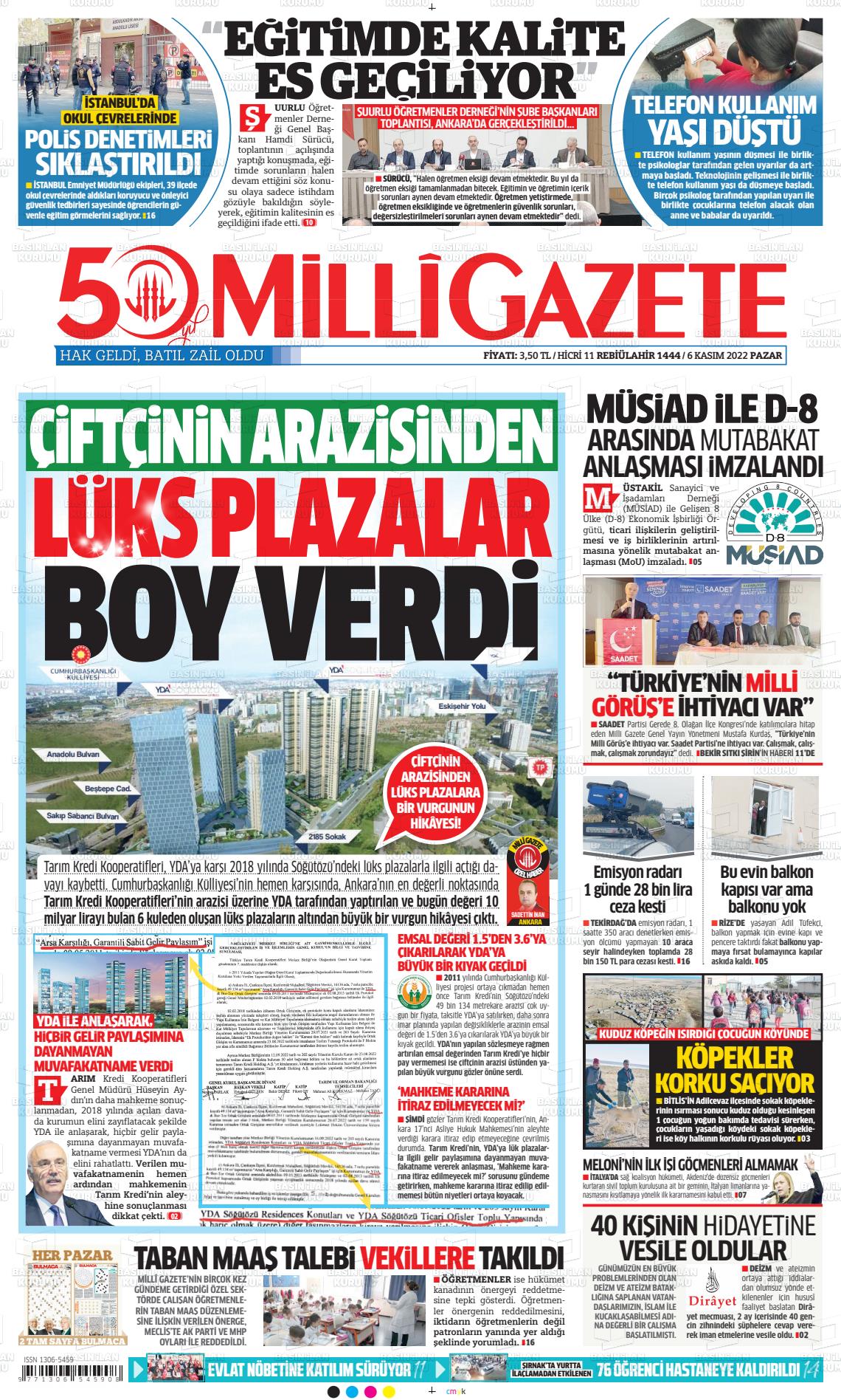 06 Kasım 2022 Milli Gazete Gazete Manşeti