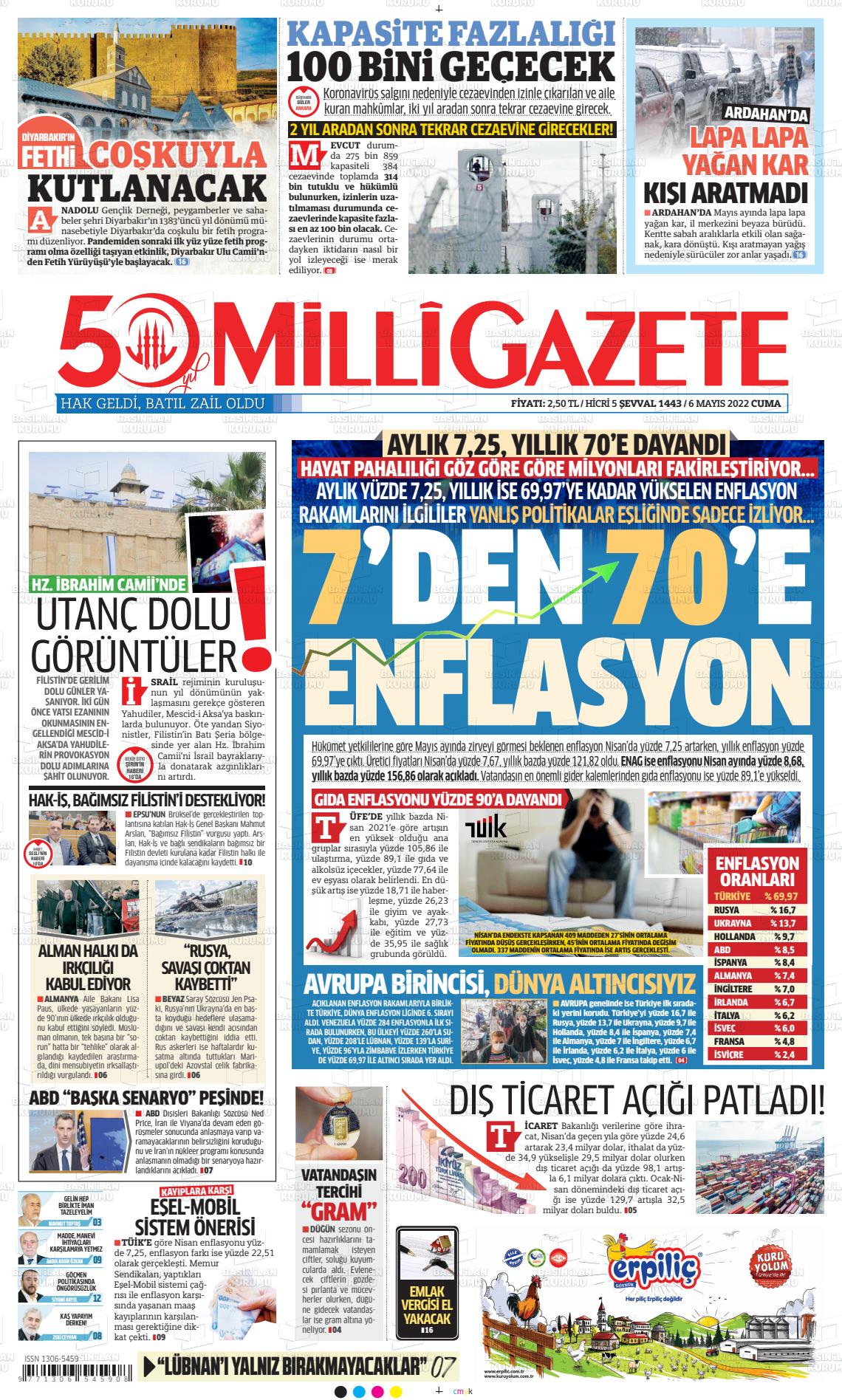 06 Mayıs 2022 Milli Gazete Gazete Manşeti