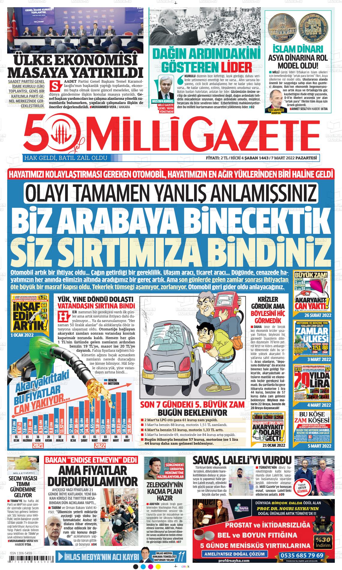 07 Mart 2022 Milli Gazete Gazete Manşeti