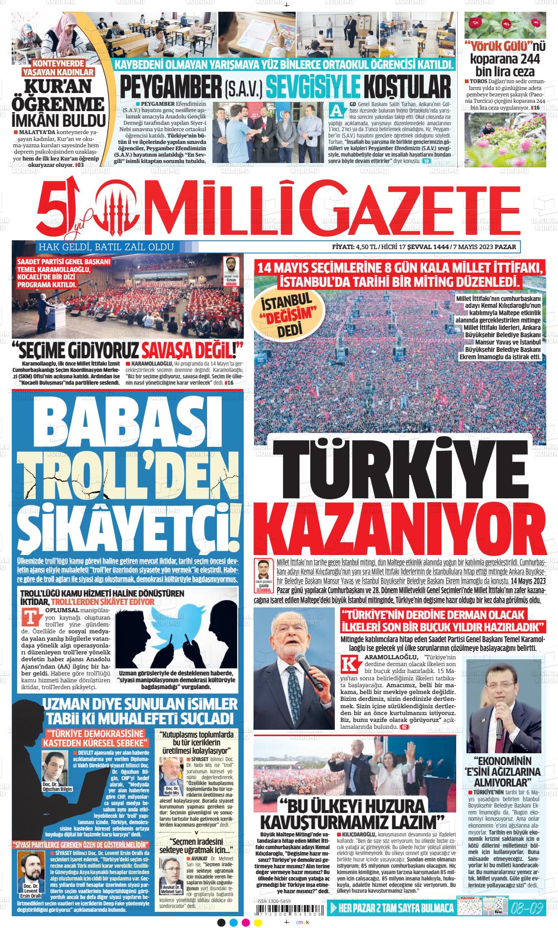 07 Mayıs 2023 Milli Gazete Gazete Manşeti