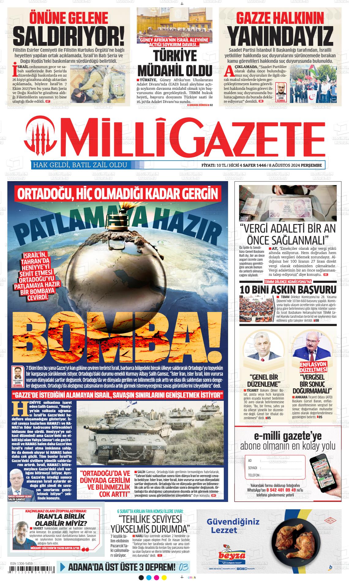 08 Ağustos 2024 Milli Gazete Gazete Manşeti