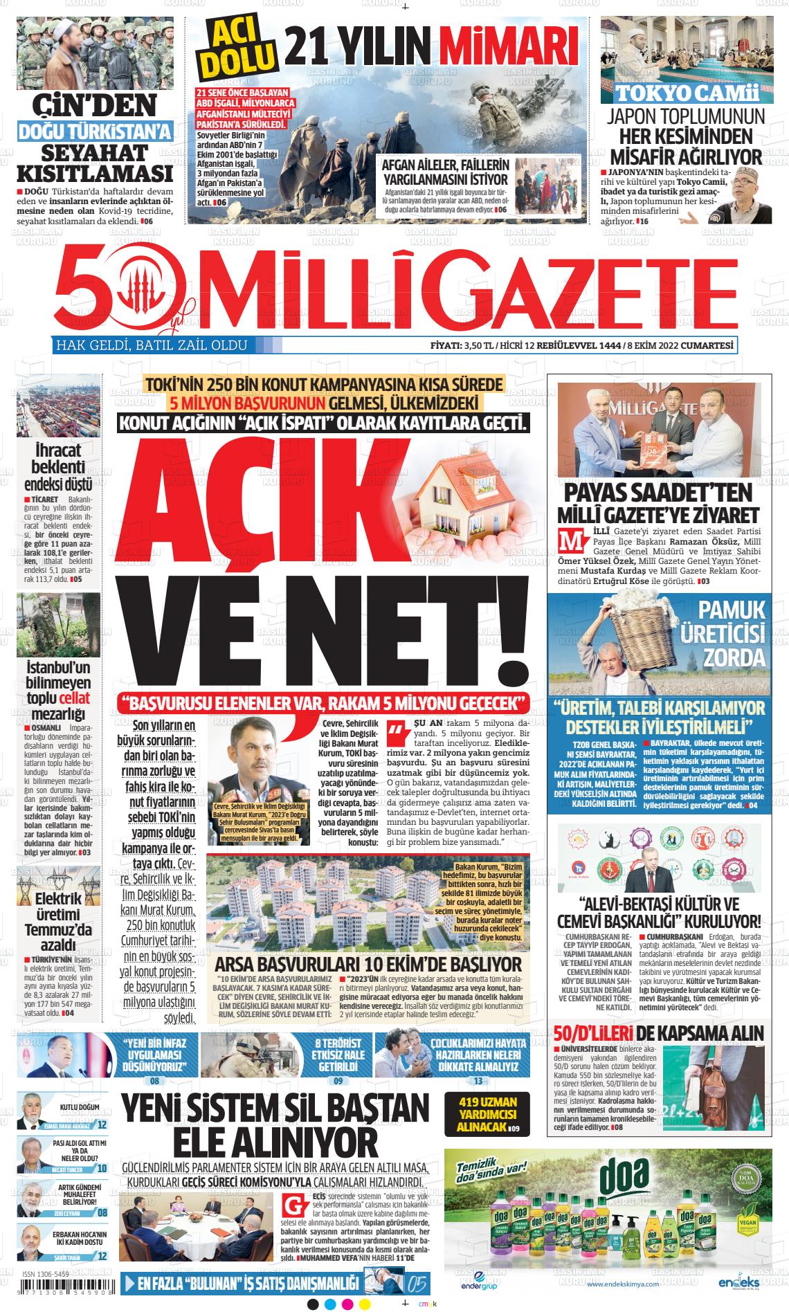 08 Ekim 2022 Milli Gazete Gazete Manşeti