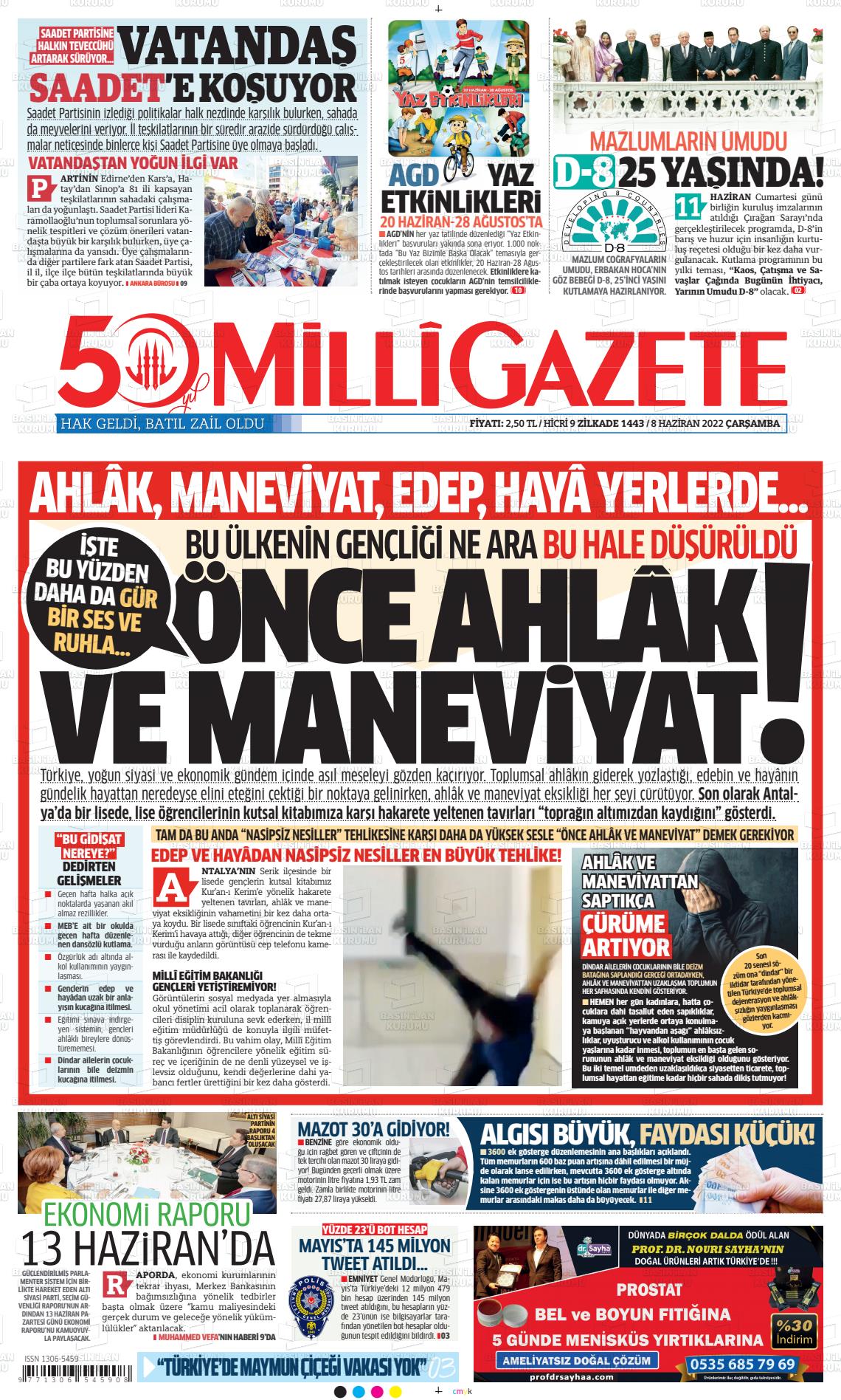 08 Haziran 2022 Milli Gazete Gazete Manşeti