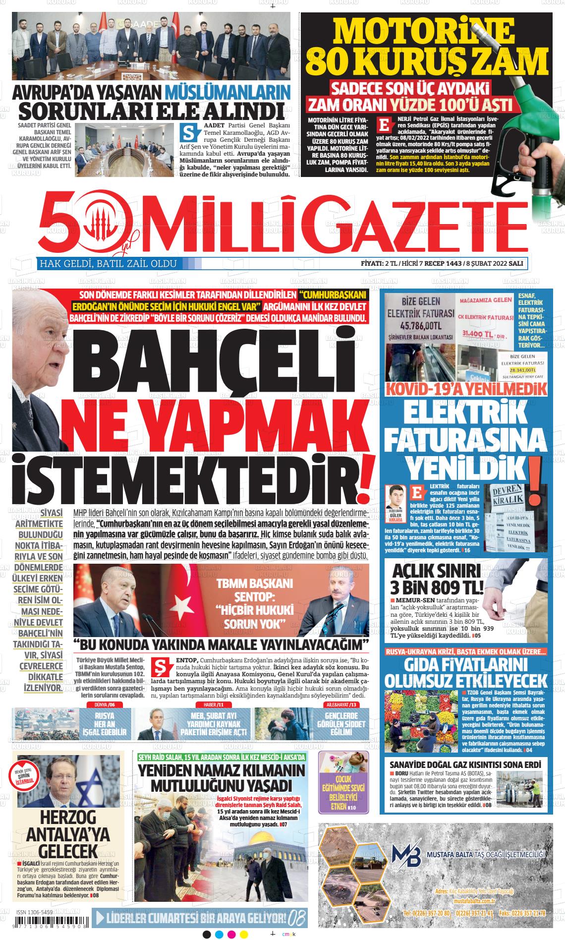 08 Şubat 2022 Milli Gazete Gazete Manşeti