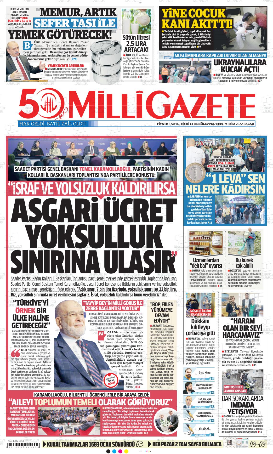 09 Ekim 2022 Milli Gazete Gazete Manşeti