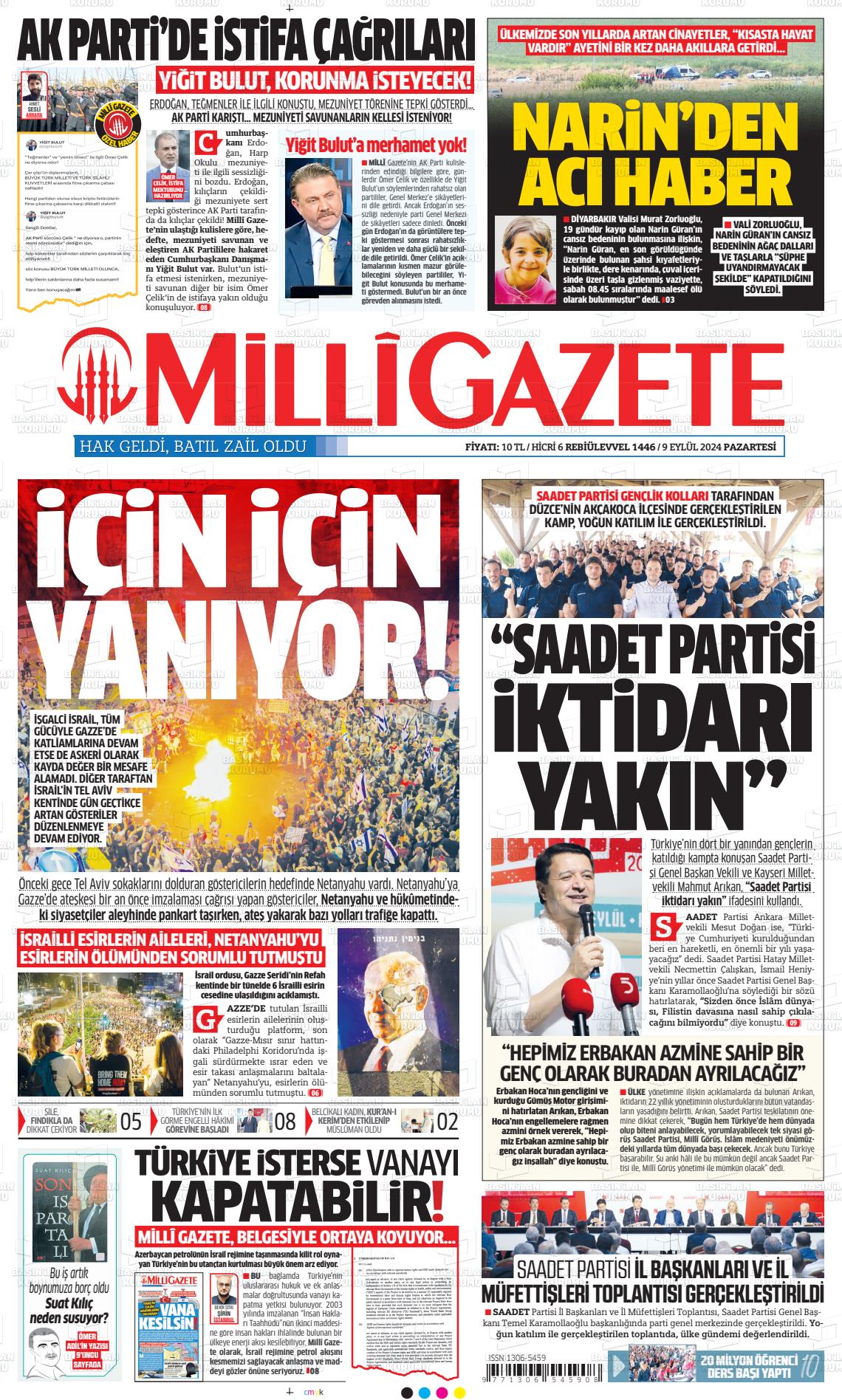 09 Eylül 2024 Milli Gazete Gazete Manşeti