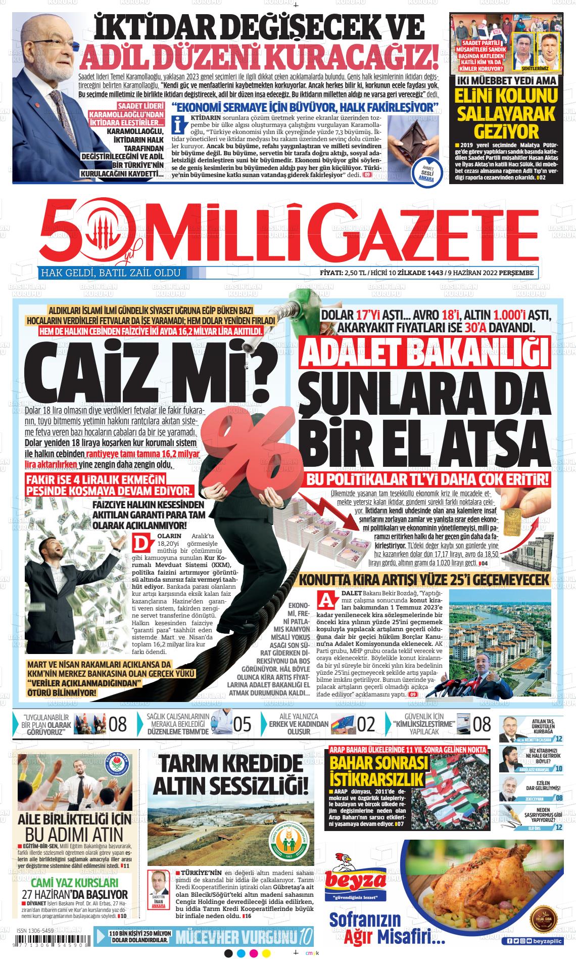 09 Haziran 2022 Milli Gazete Gazete Manşeti