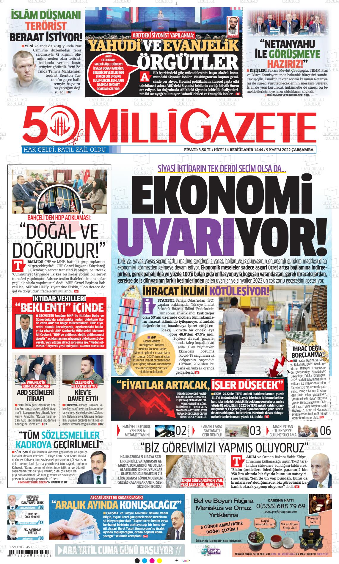 09 Kasım 2022 Milli Gazete Gazete Manşeti