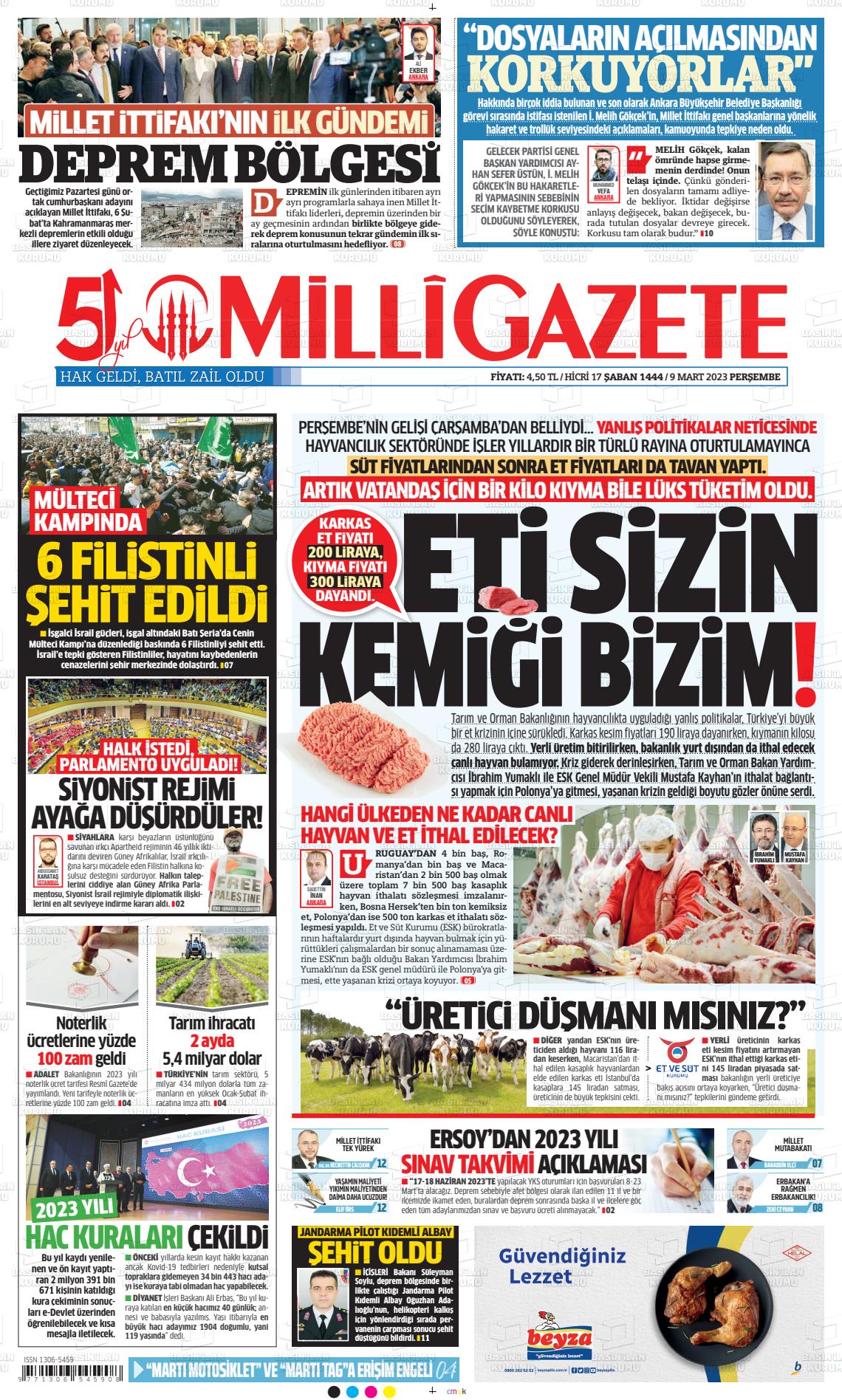 09 Mart 2023 Milli Gazete Gazete Manşeti